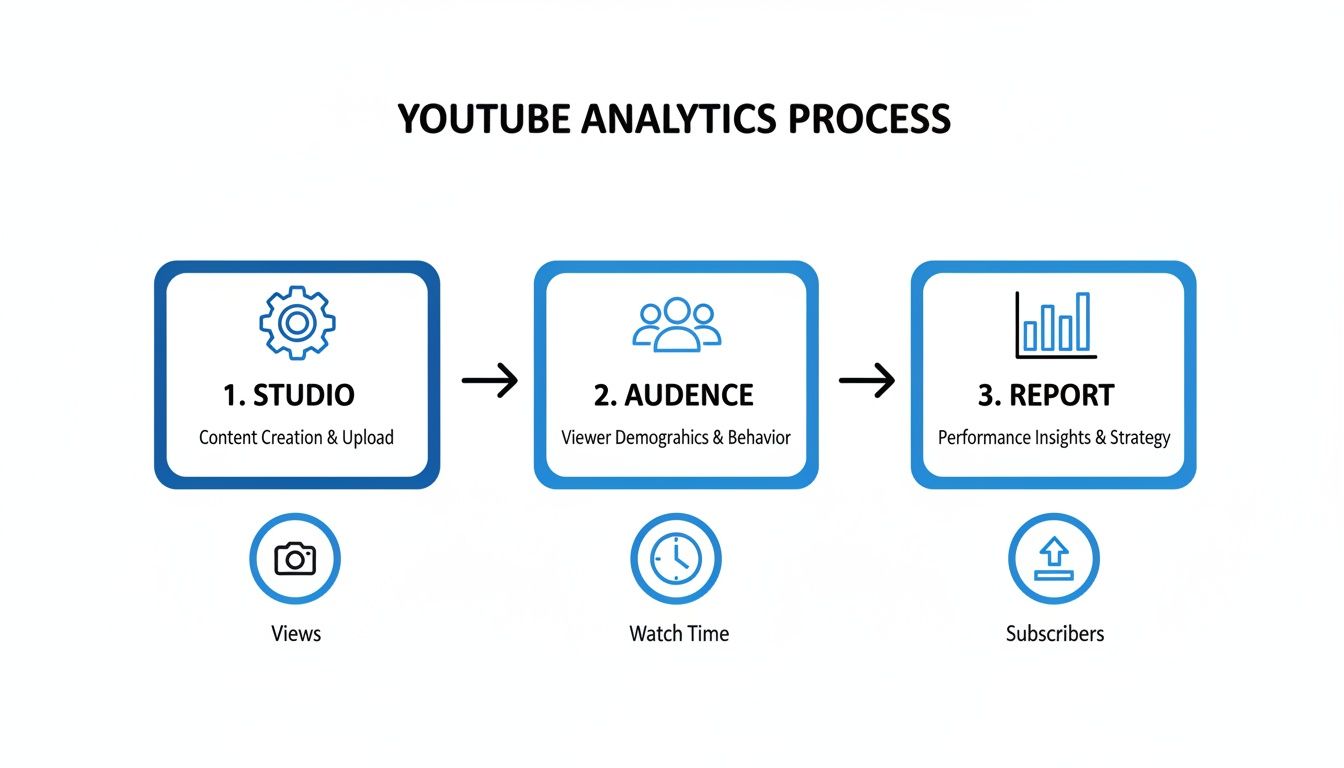 A flowchart illustrating the YouTube Analytics Process with steps: Studio, Audience, and Report, alongside metrics.