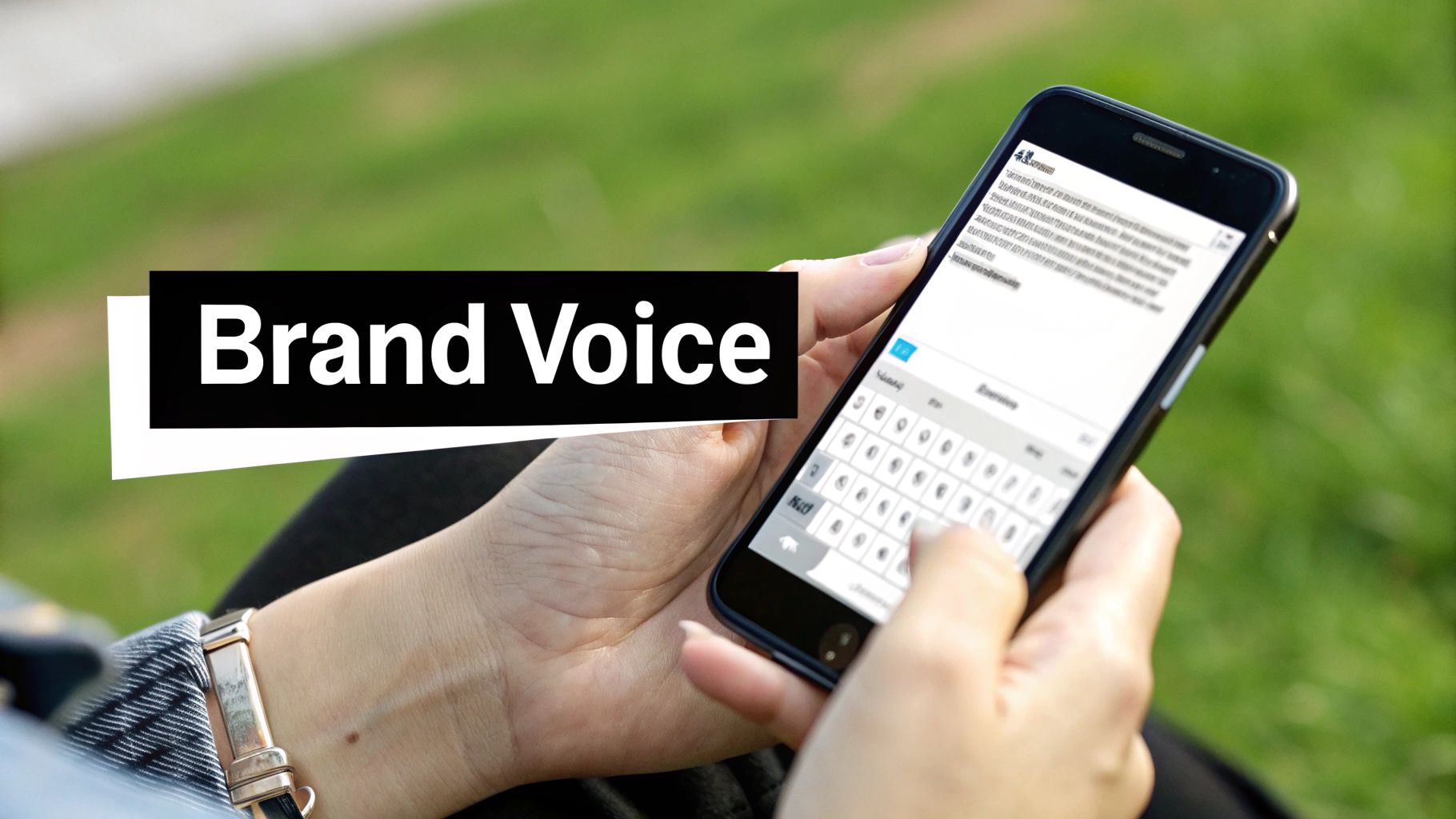 A person types on a smartphone, highlighting the concept of 'Brand Voice' on a prominent banner.