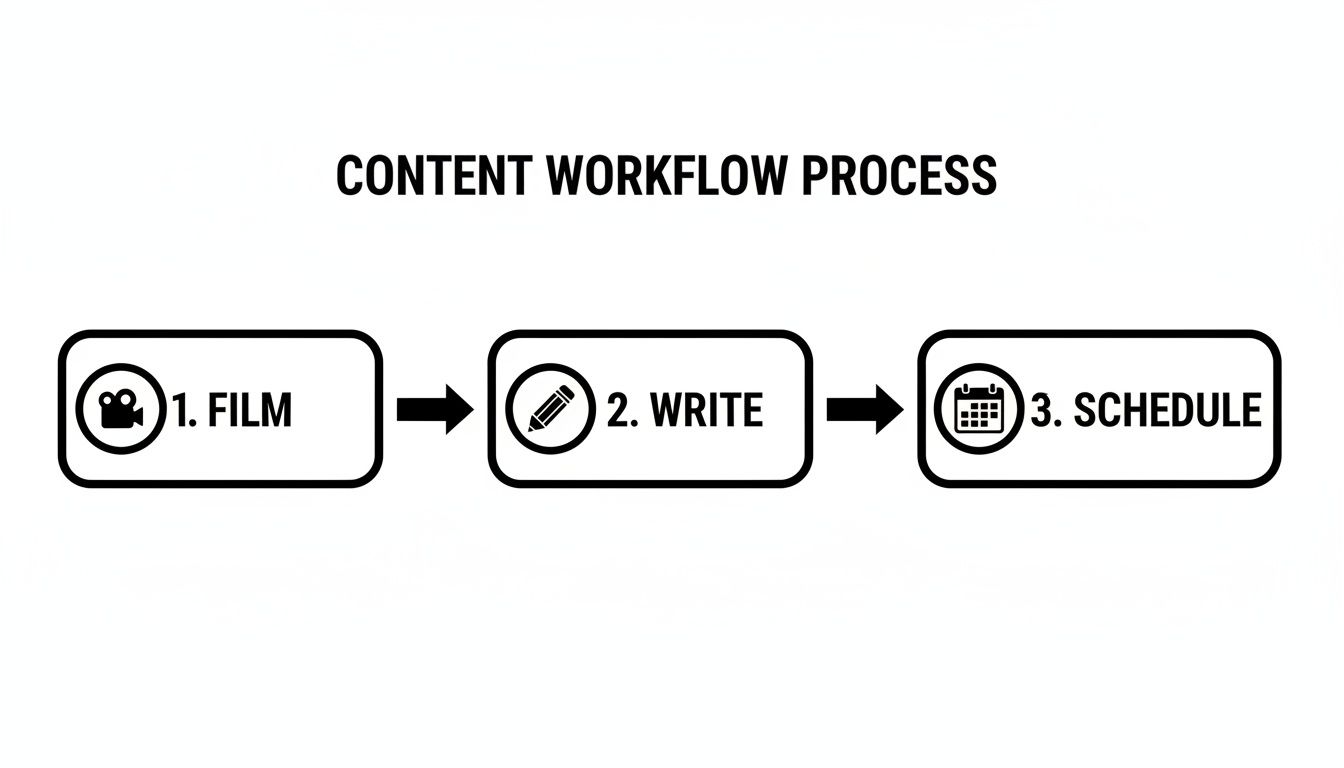 Diagram illustrating a content workflow process with three steps: 1. Film, 2. Write, and 3. Schedule.