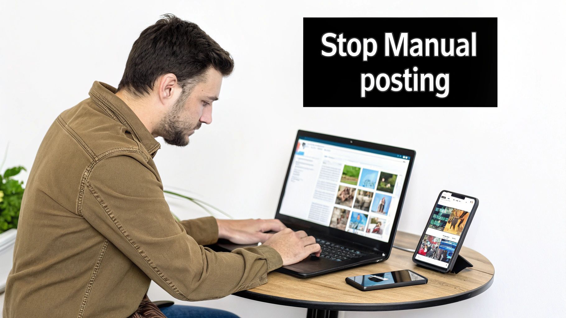 A man uses a laptop and smartphone on a table, conveying a message to stop manual social media posting.