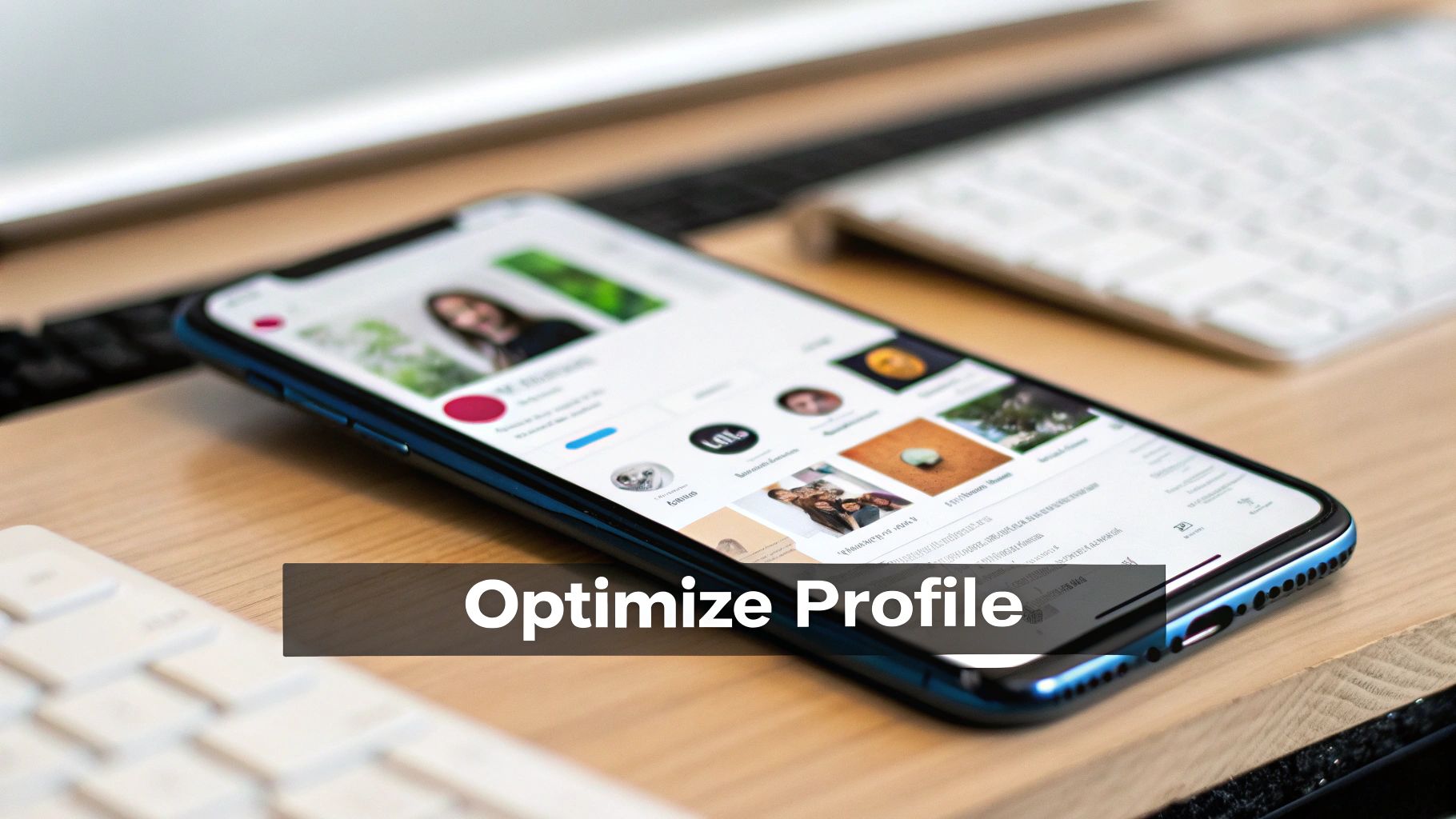 A smartphone on a wooden desk displaying a social media profile with an "Optimize Profile" overlay.