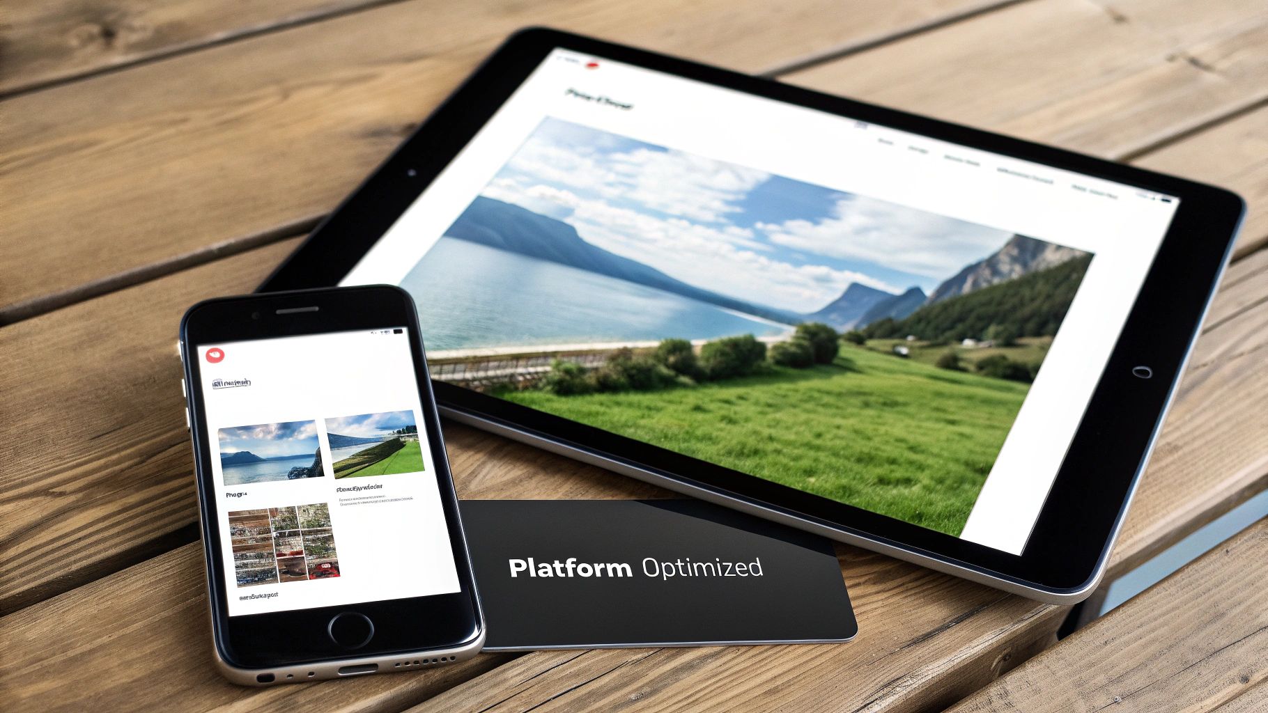 A smartphone and tablet display optimized web content on a wooden table, with a 'Platform Optimized' card.