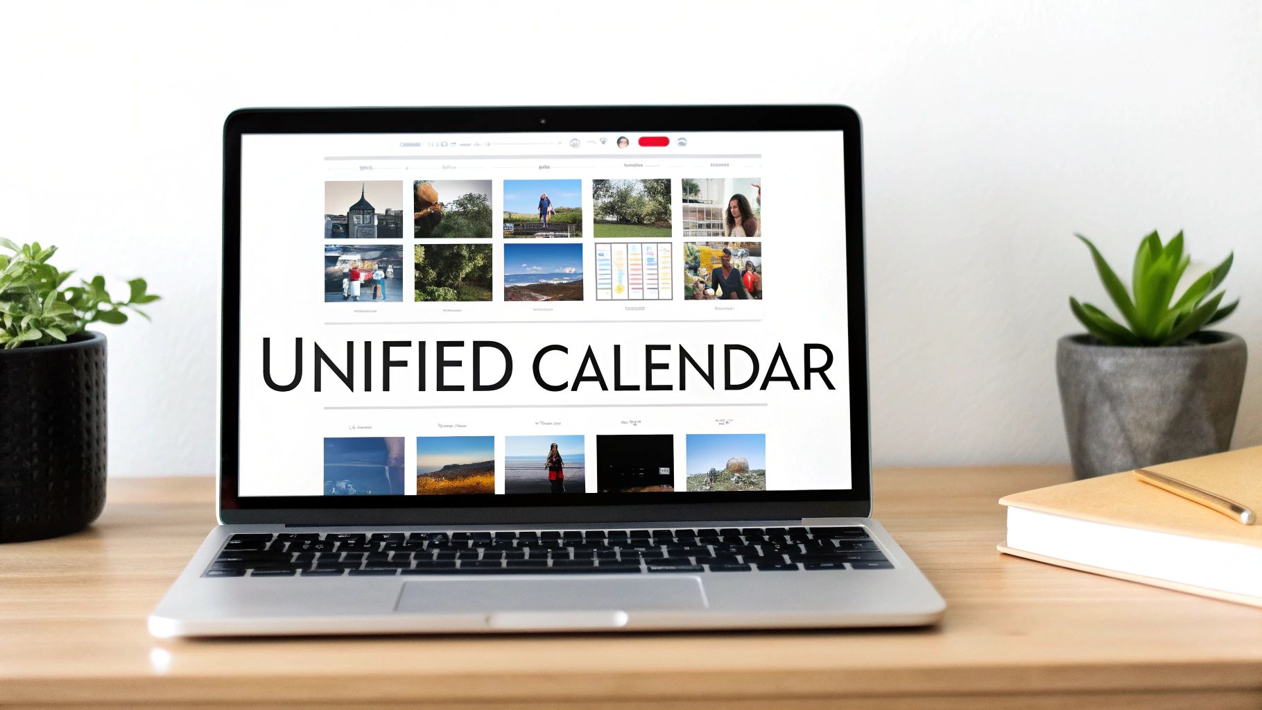 A laptop on a wooden desk displaying a 'UNIFIED CALENDAR' with various small images, flanked by potted plants and a notebook.
