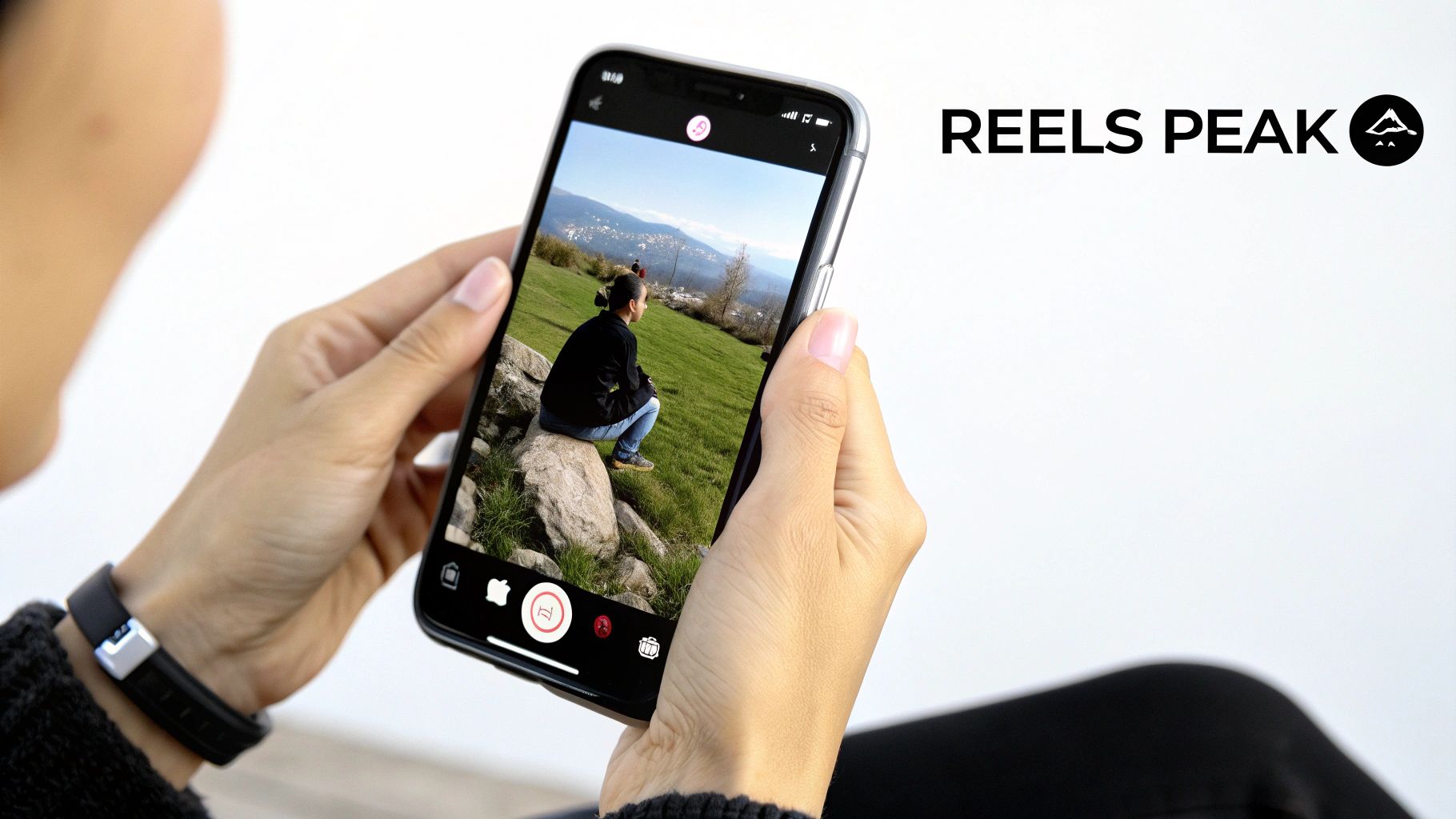A person holds a smartphone displaying a photo of someone sitting on rocks with a scenic mountain view.