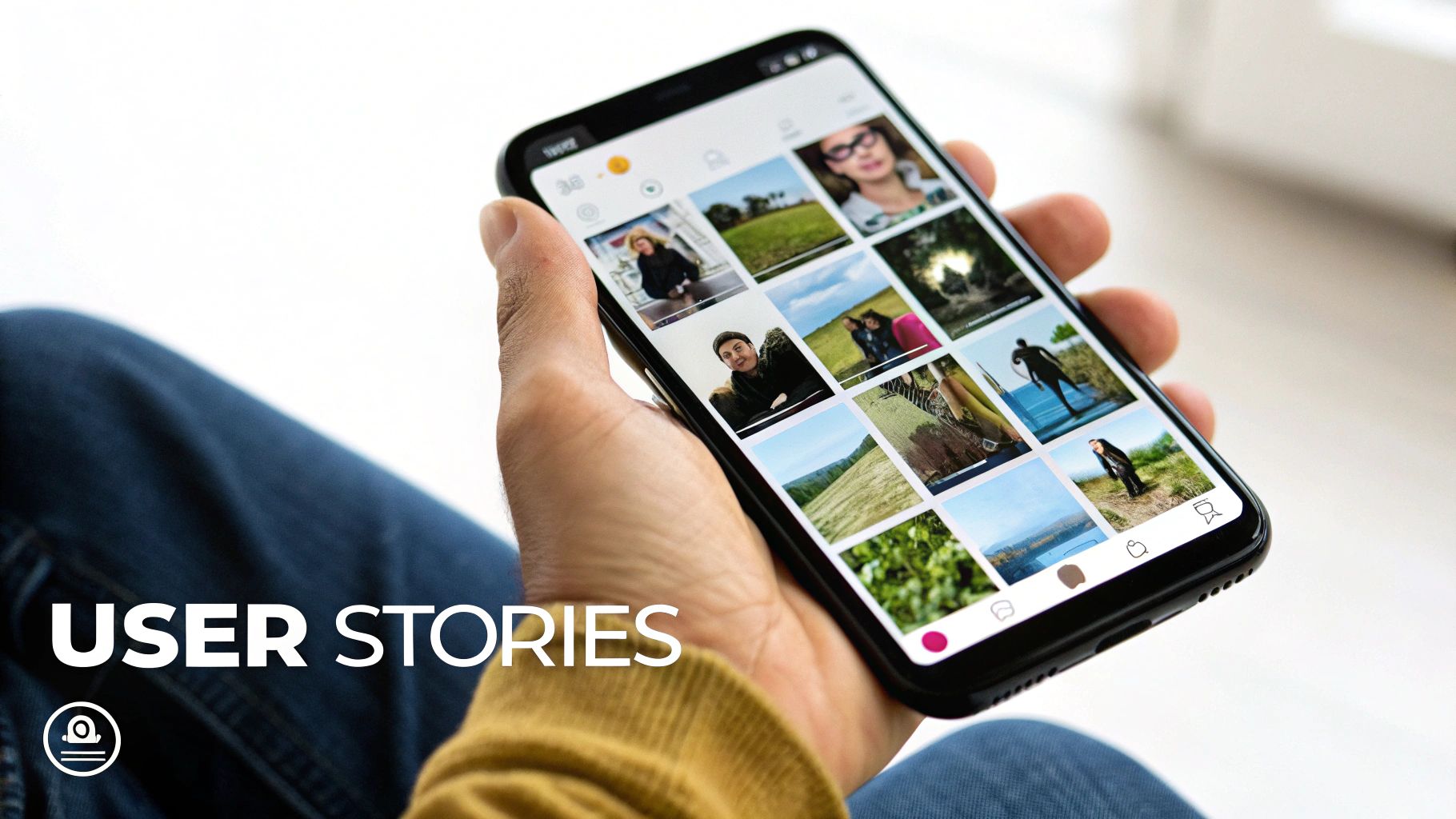 A person holds a smartphone displaying a social media app with many photo thumbnails, symbolizing user stories.