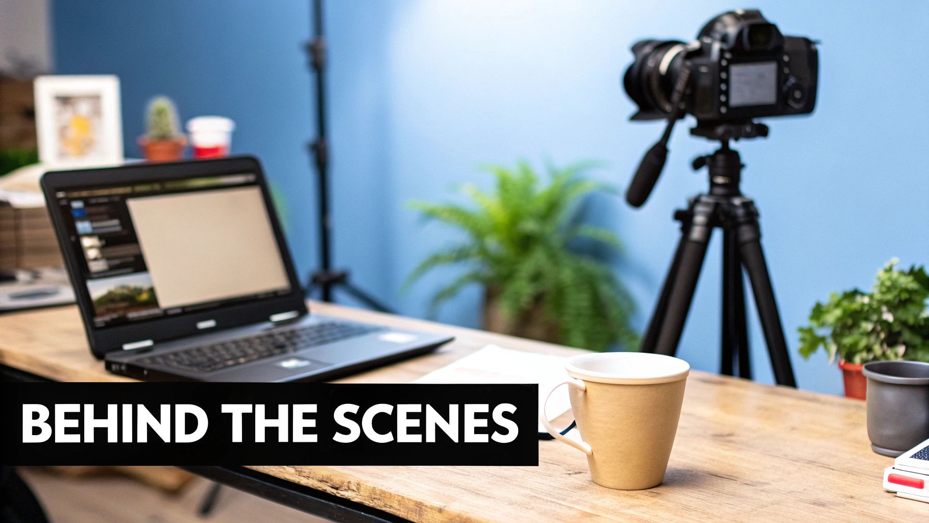 A behind-the-scenes shot of a video production setup with a camera, laptop, and mug on a wooden desk.