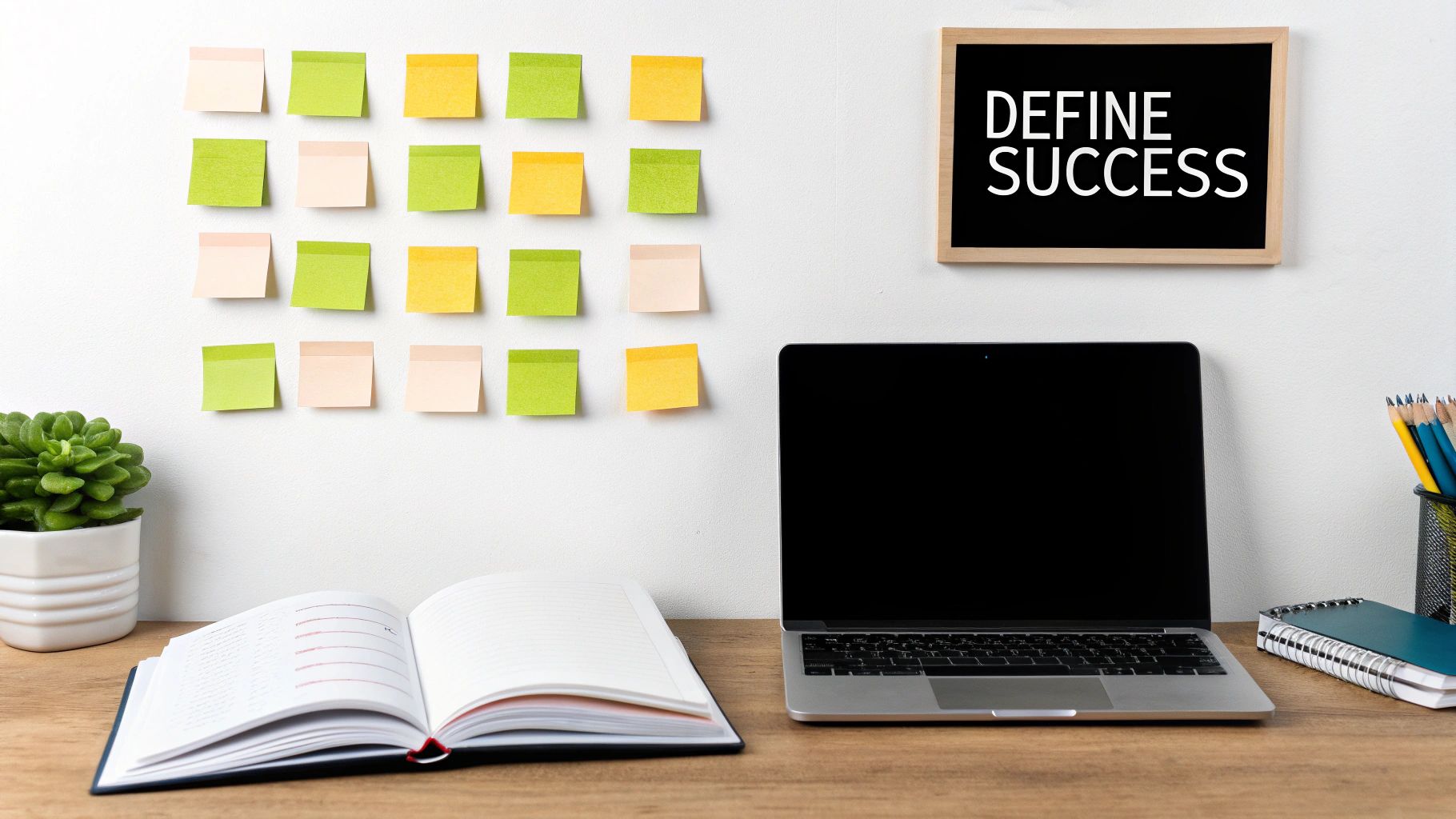 A minimalist home office desk with a laptop, open notebook, plant, and sticky notes on the wall, plus a 'DEFINE SUCCESS' sign.