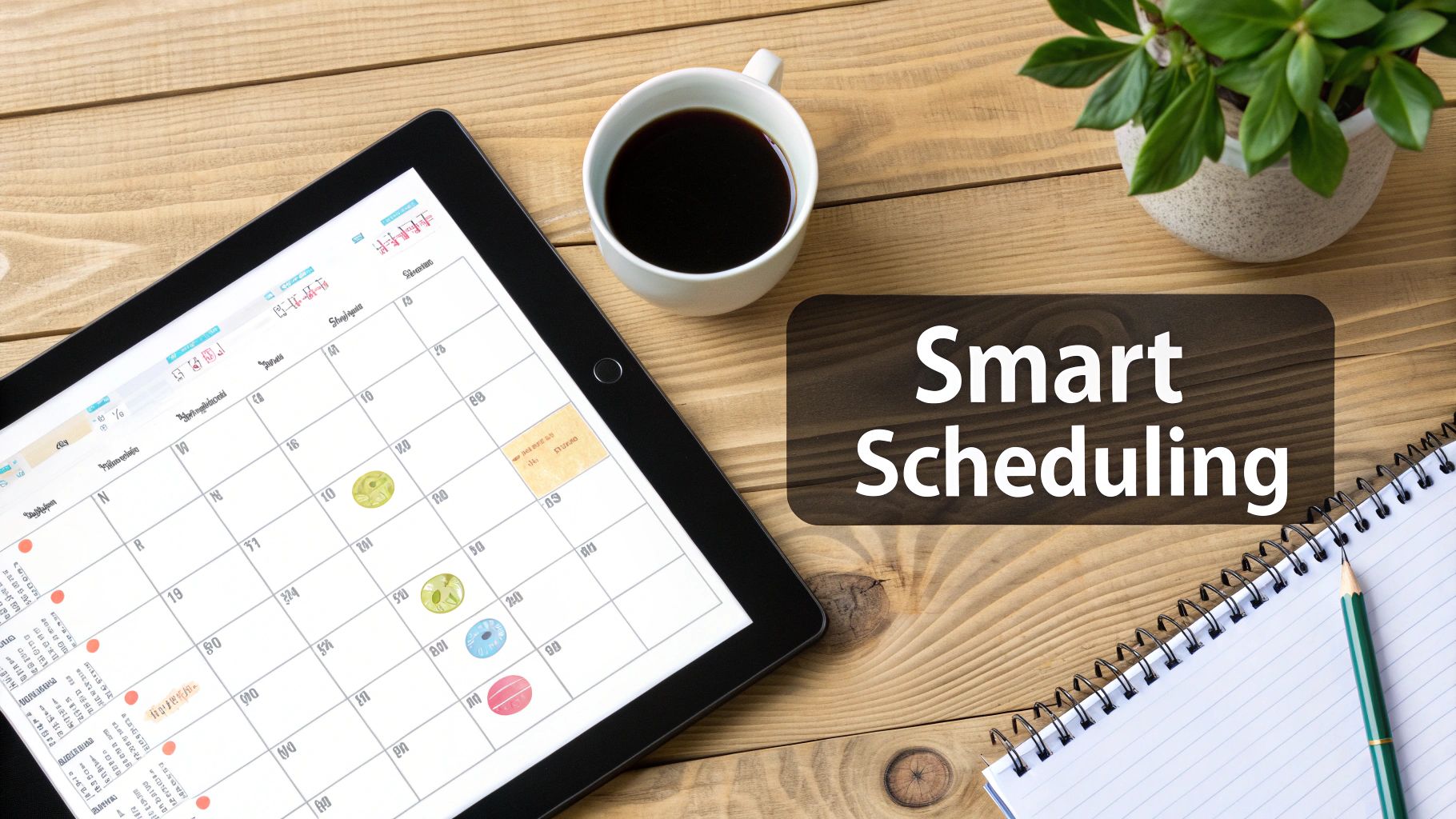 A top-down view of a wooden desk with a tablet showing a digital calendar, coffee, plant, and 'Smart Scheduling' text.