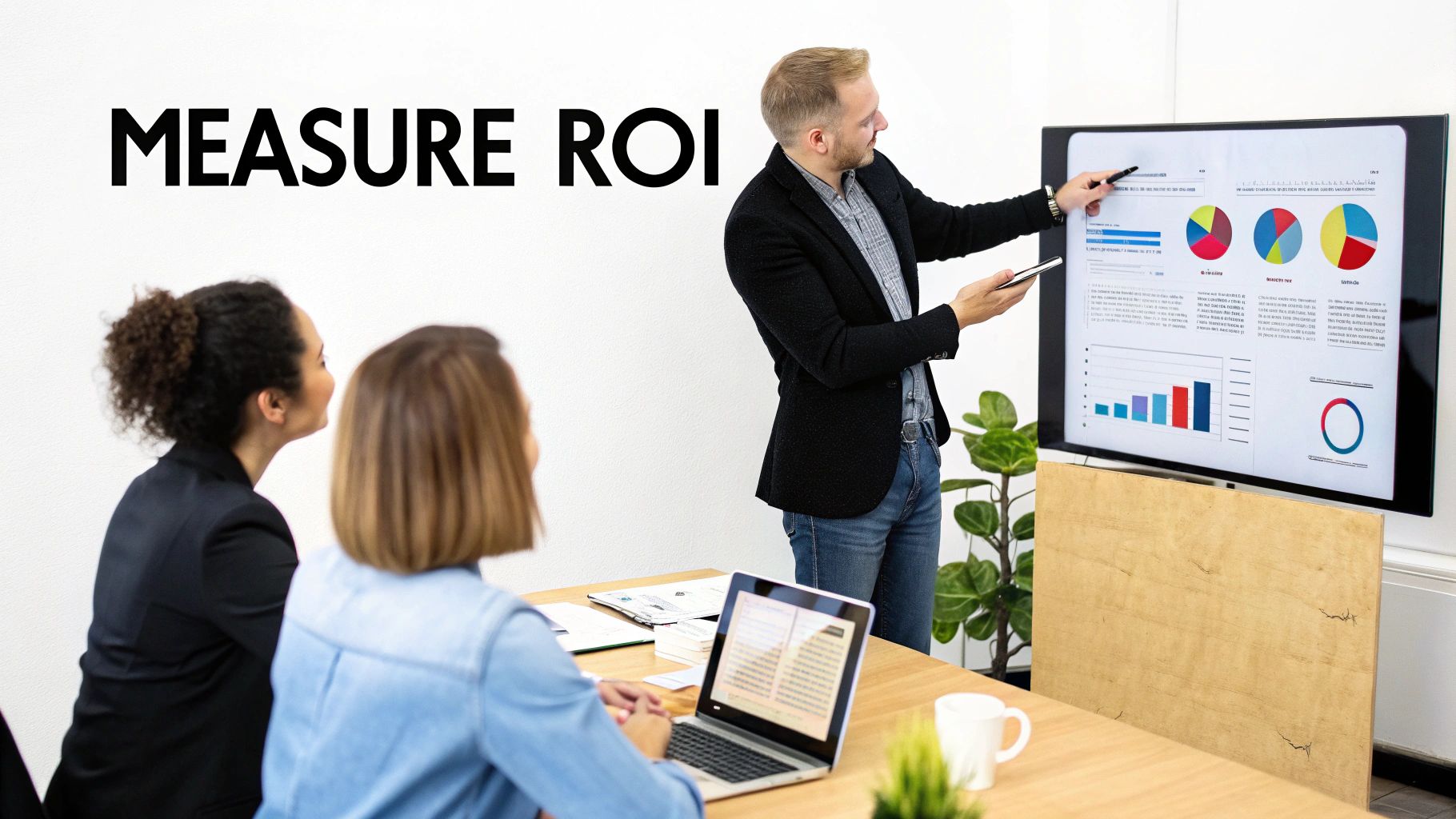 A man presents data on a large screen to two women in a business meeting, with 'MEAS_URE ROI' text on the wall.