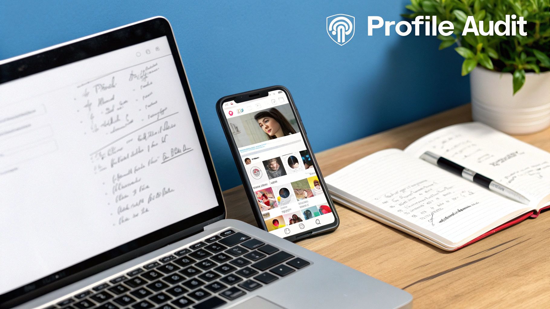 A productive desk setup with a laptop, phone displaying a social media profile, notebook, and pen.