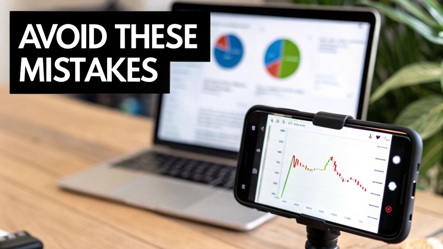 A laptop and smartphone display financial charts and data on a desk with a text overlay 'AVOID THESE MISTAKES'.