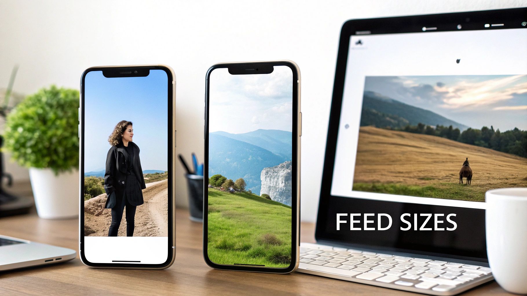 Phones and laptop displaying various images, including a woman, landscape, and horse, with 'FEED SIZES' text.