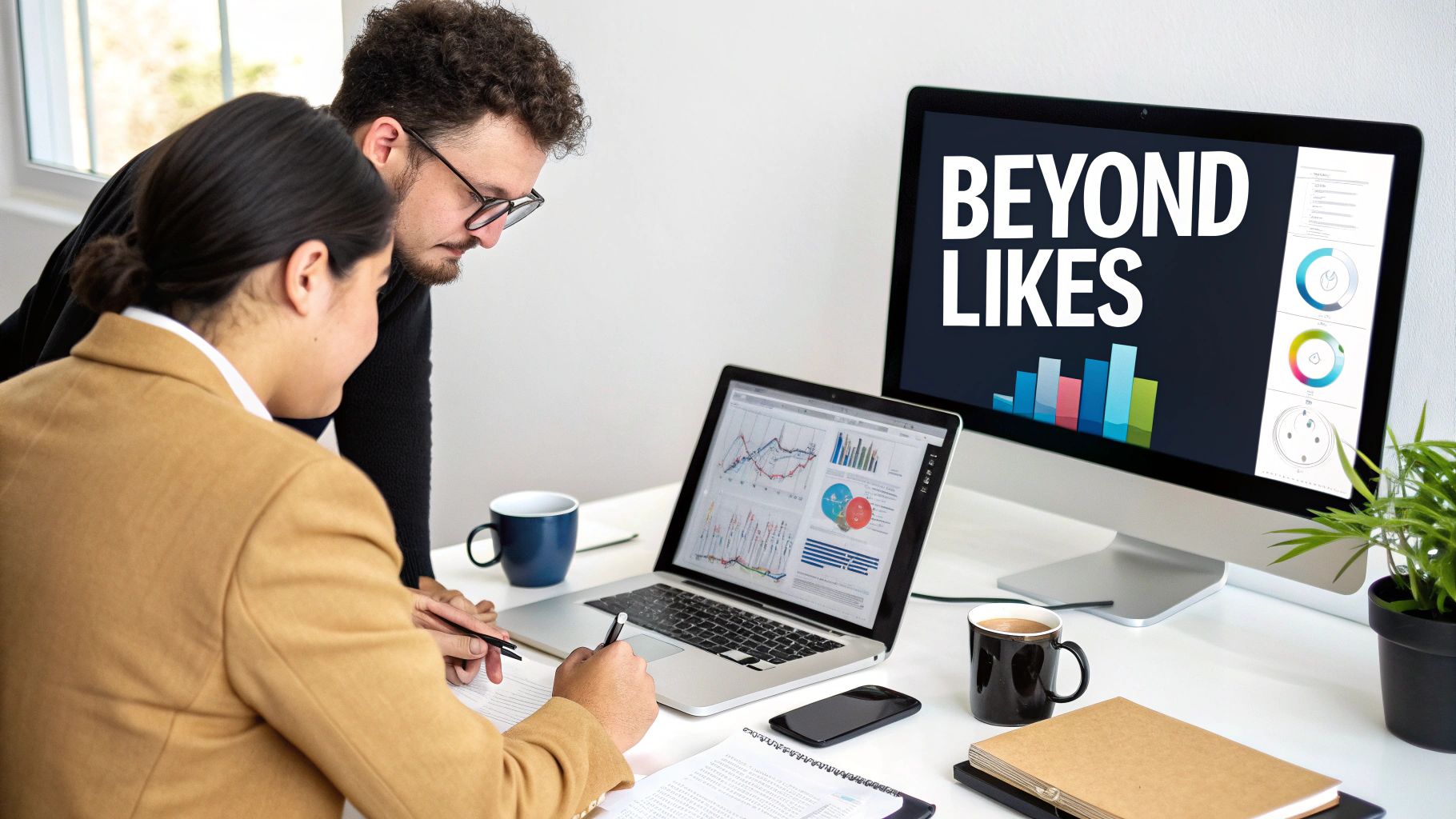 Two professionals collaborating on social media data analysis using a laptop and large monitor.