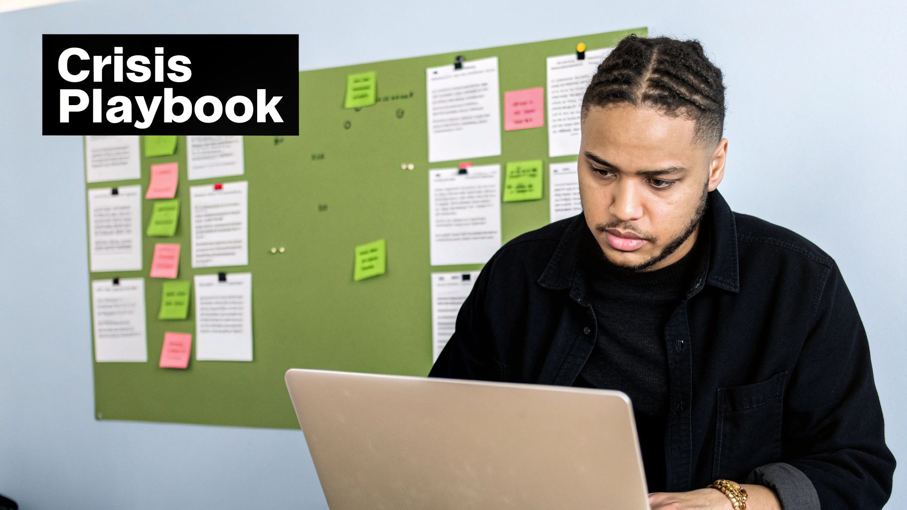 A young man with braids focused on a laptop screen, with a 'Crisis Playbook' board in the background.