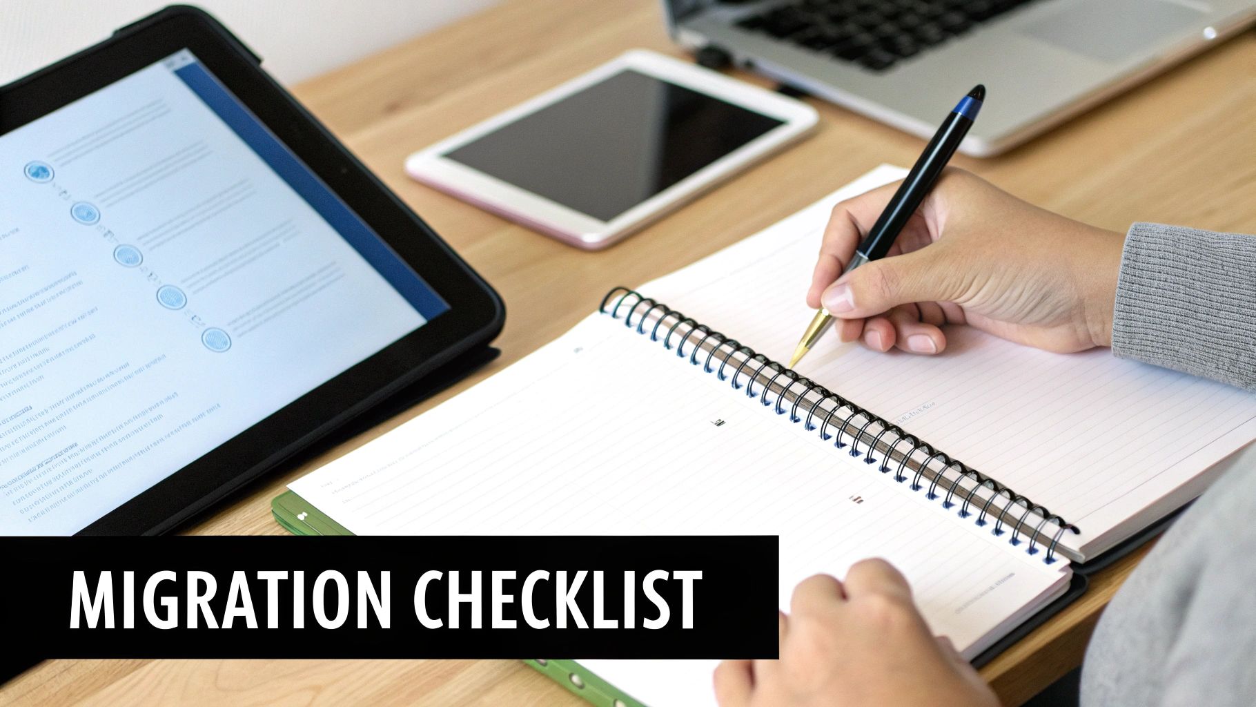 A person writes in a notebook with a pen, surrounded by digital devices and a 'MIGRATION CHECKLIST' banner.