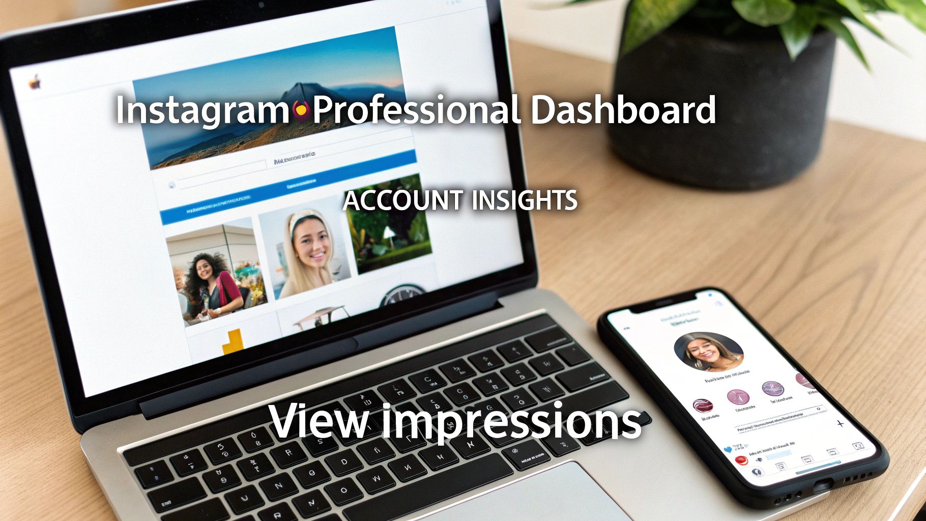 A laptop displaying the Instagram Professional Dashboard with account insights, next to a smartphone showing an Instagram profile.