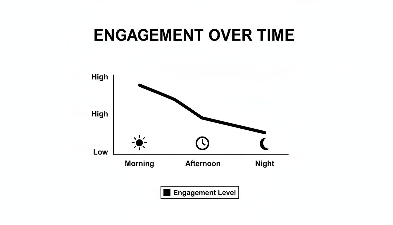 A line graph illustrates engagement level decreasing from high in the morning to low at night.