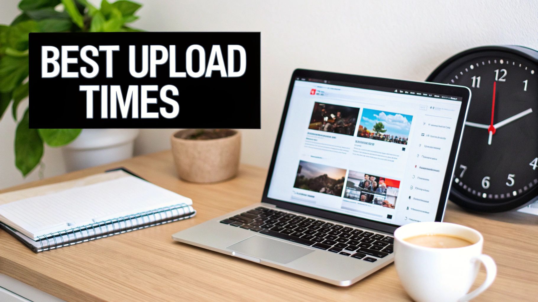 A laptop on a wooden desk displays video content next to a clock, highlighting 'BEST UPLOAD TIMES'.