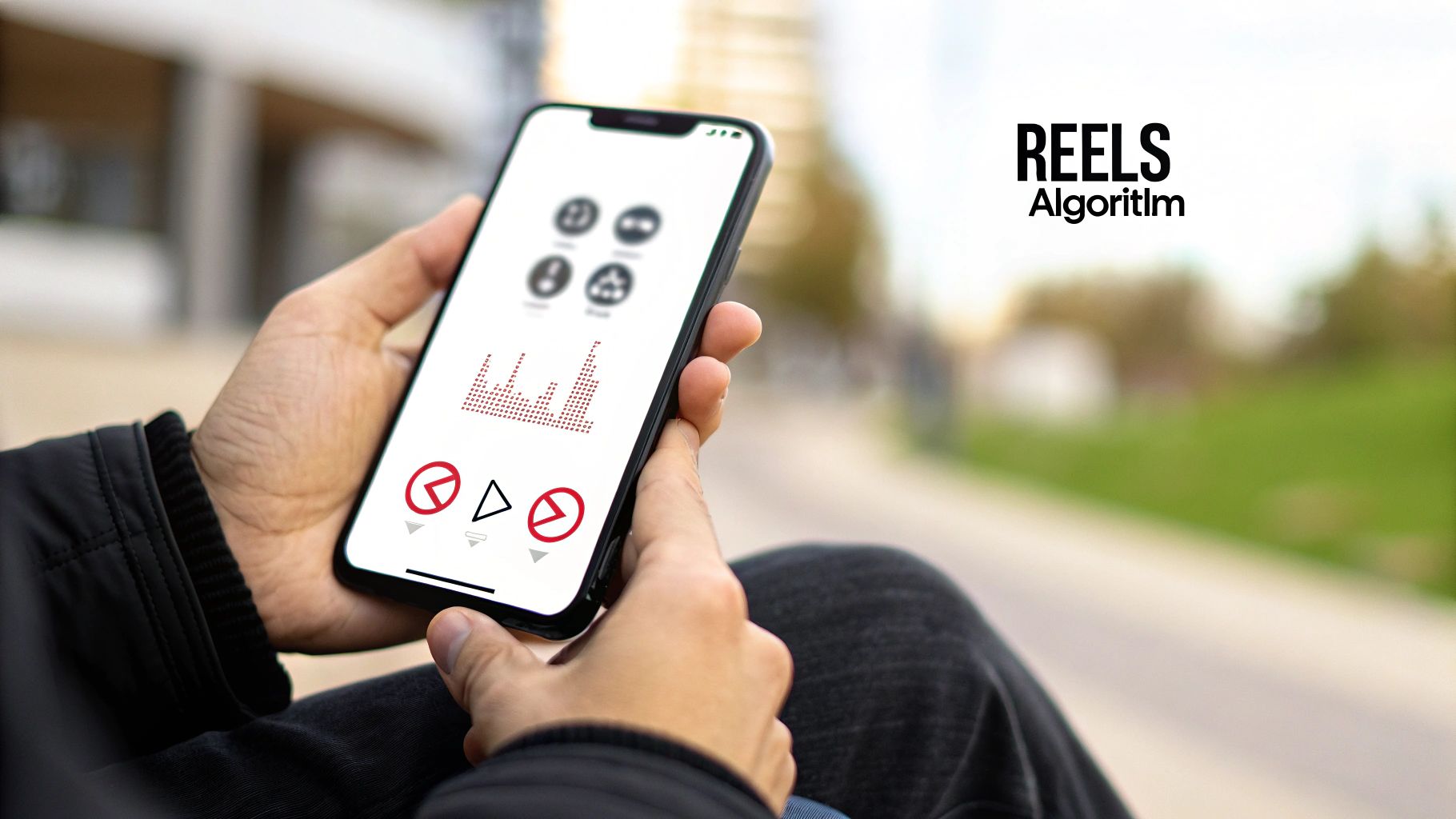 Person holds a smartphone showing a graph, icons, and controls for 'REELS Algoritm' on screen.