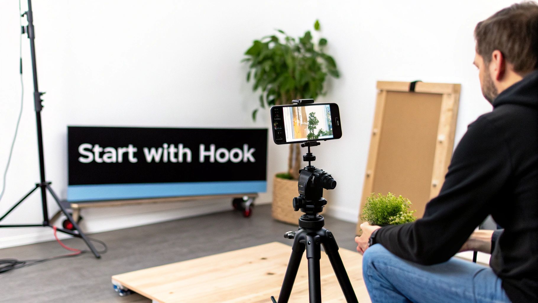 A person records a video with a smartphone on a tripod, holding a plant, in a studio with a 'Start with Hook' sign.