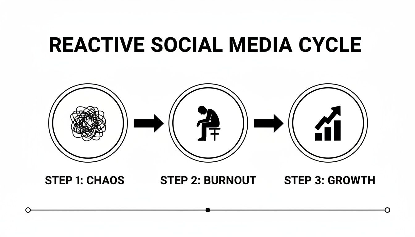Infographic showing the process flow from Chaos (tangled lines) to Burnout (slouched person) to Growth (upward arrow), representing the shift from reactive to proactive social media management.