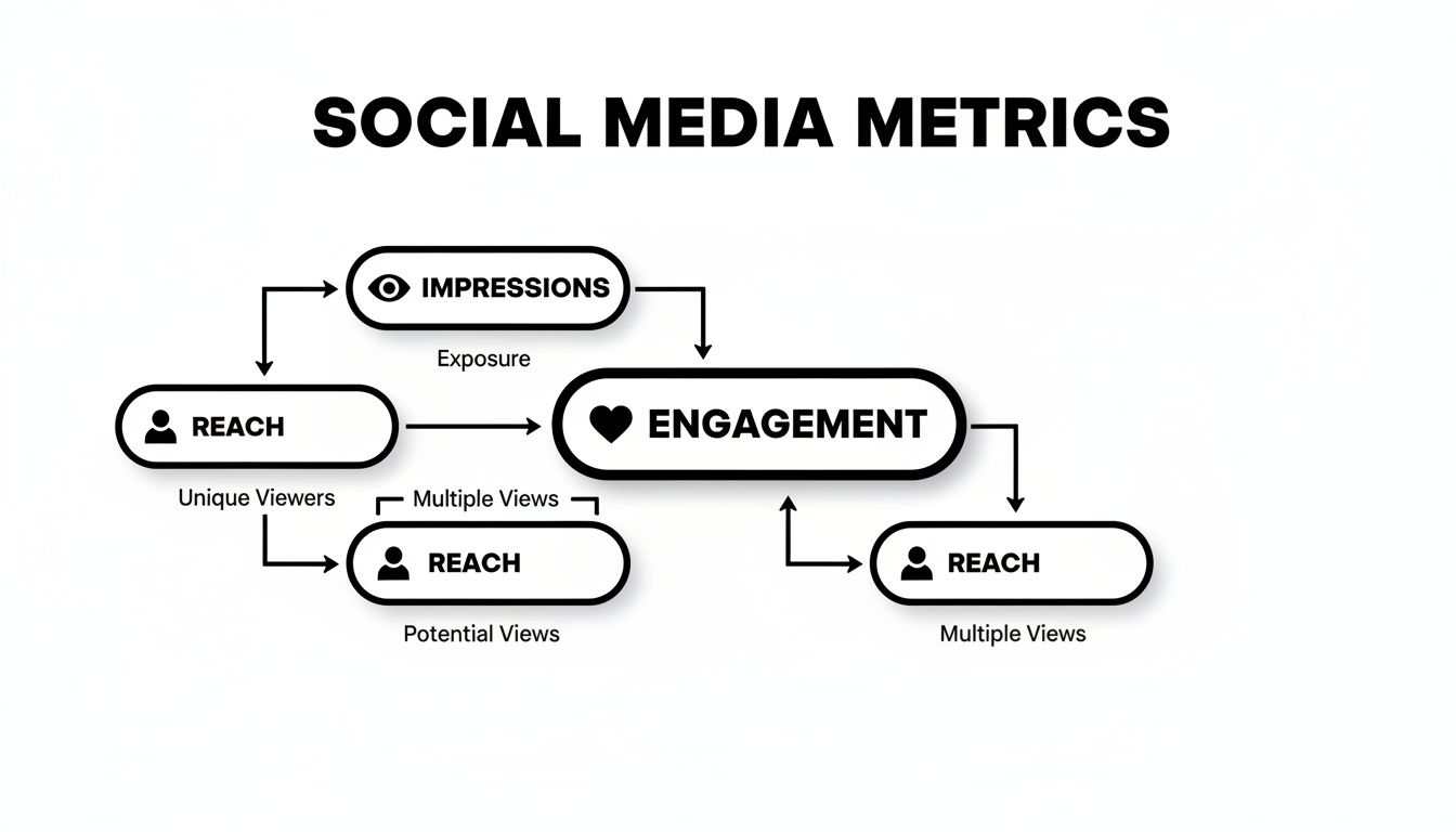 A flowchart detailing social media metrics: impressions, reach, and engagement, showing their interconnected relationships.