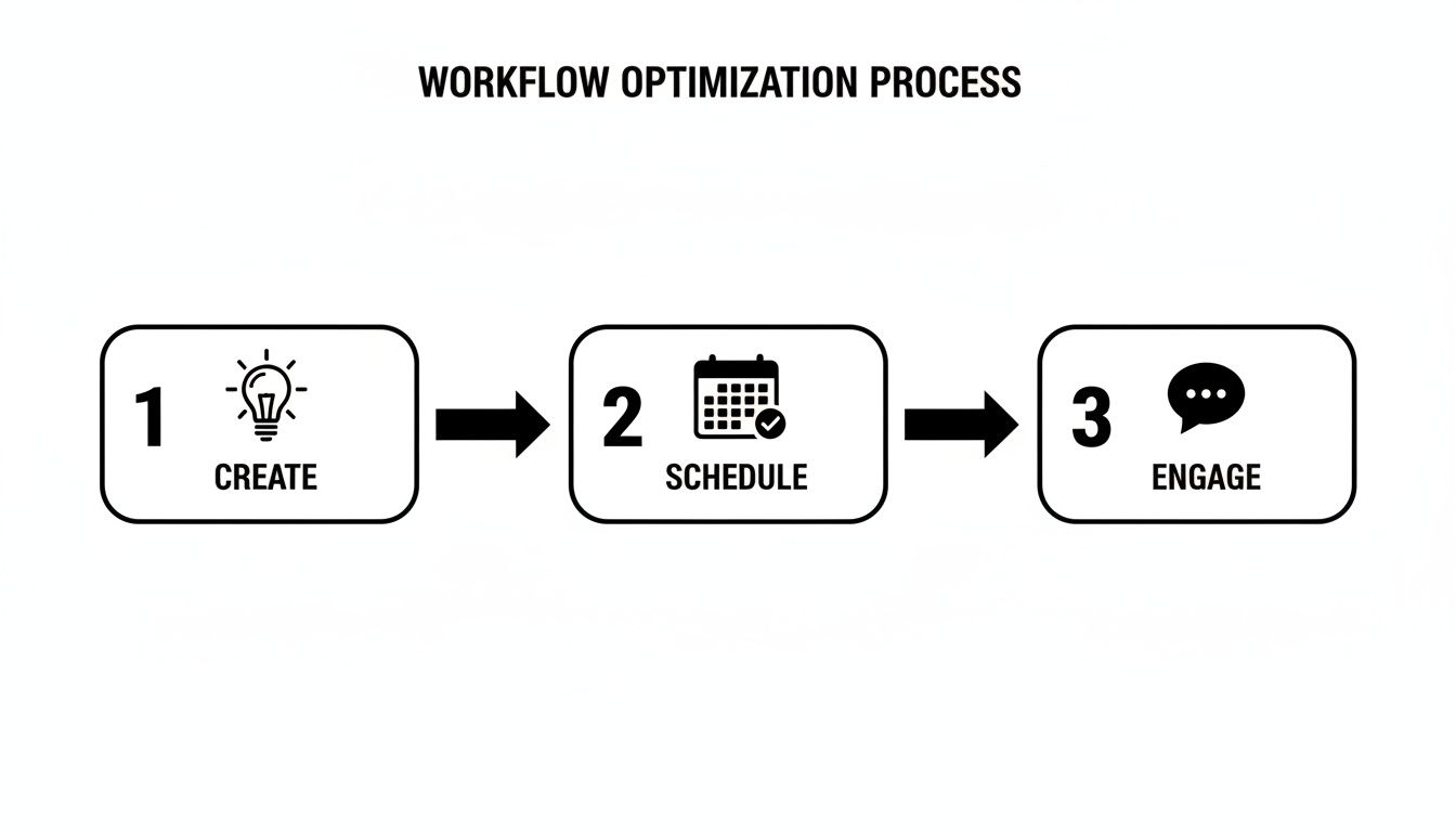 A three-step workflow optimization process showing create, schedule, and engage stages with icons.