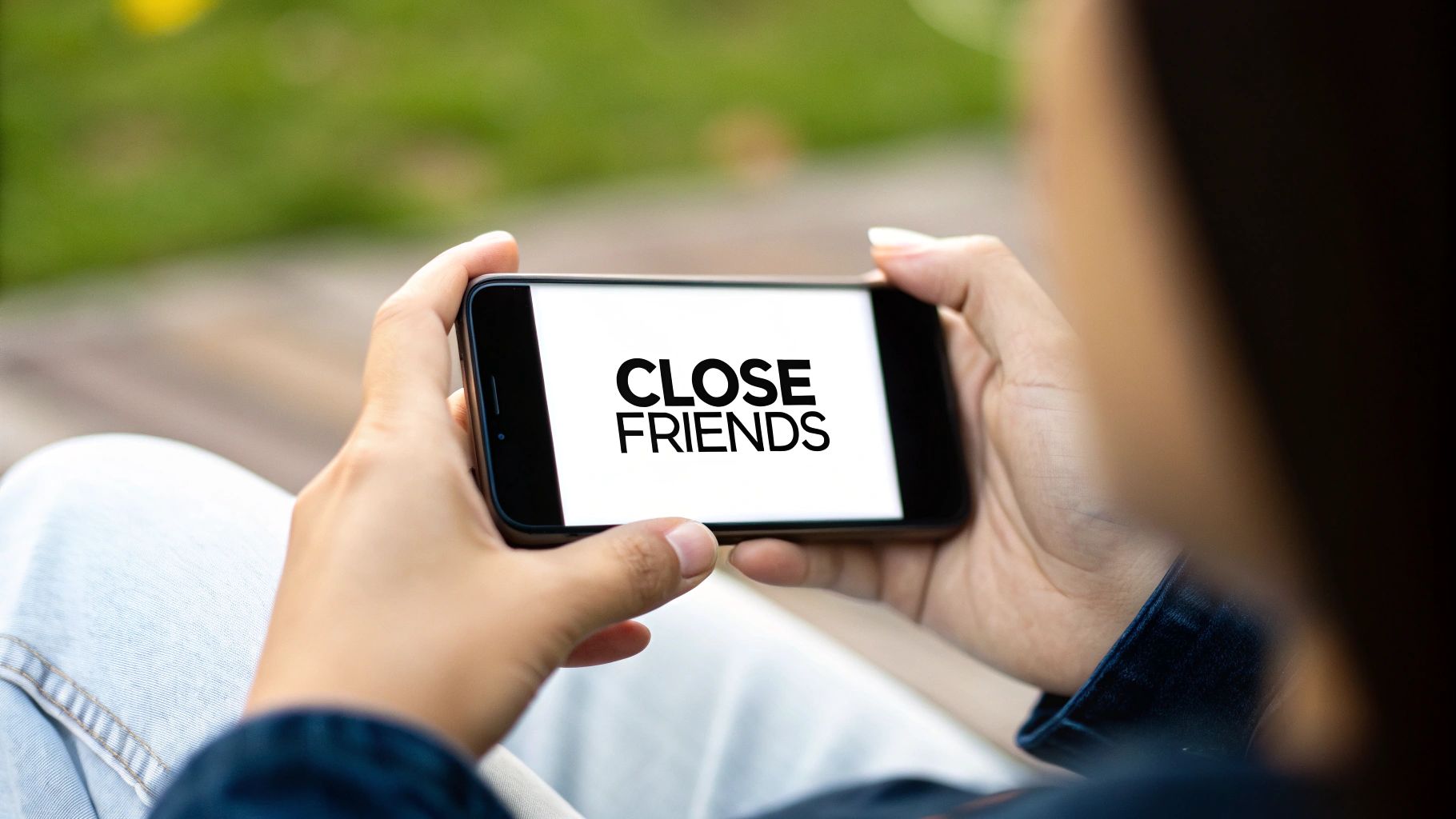 A person holds a smartphone horizontally displaying 'CLOSE FRIENDS' on its white screen.