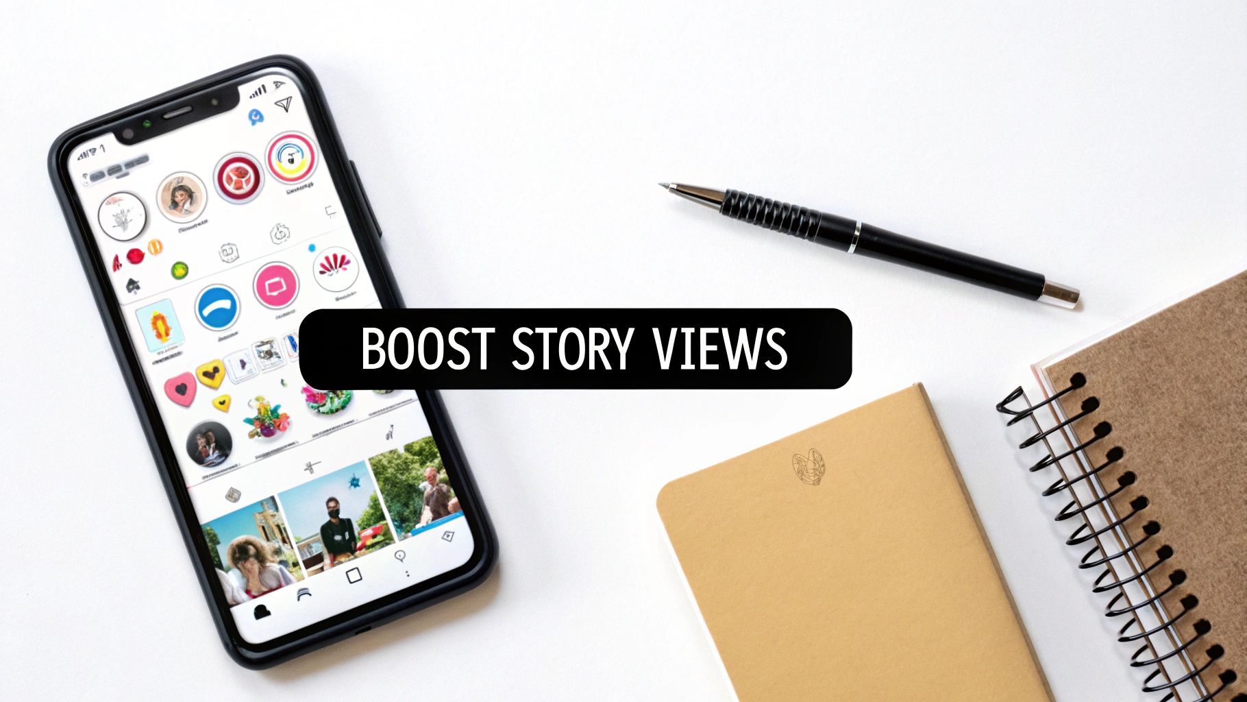 A smartphone displaying social media content, a pen, and notebooks, with a banner 'BOOST STORY VIEWS'.