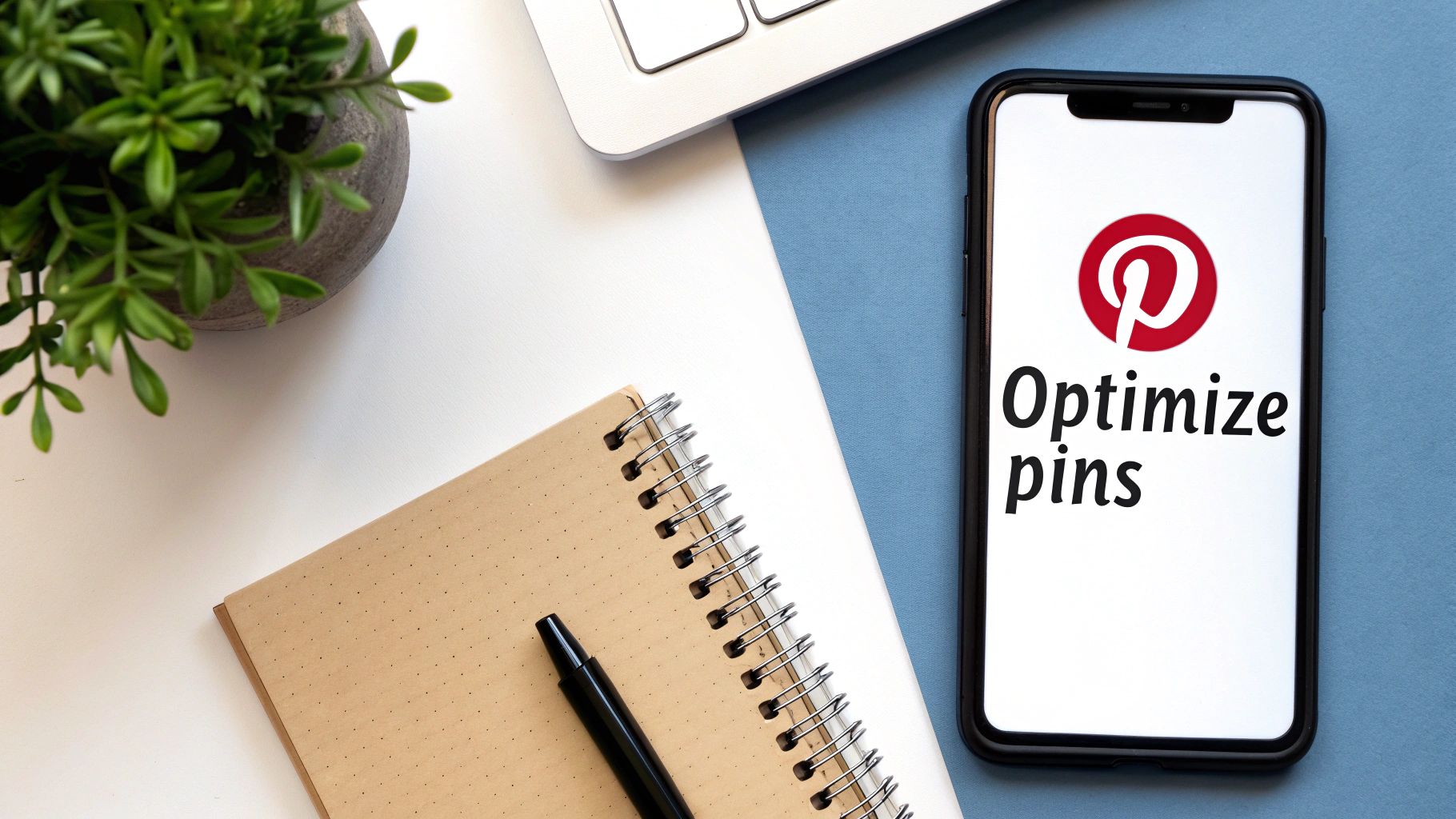 A flat lay of a desk with a plant, laptop, notebook, and a phone displaying Pinterest 'Optimize pins'.