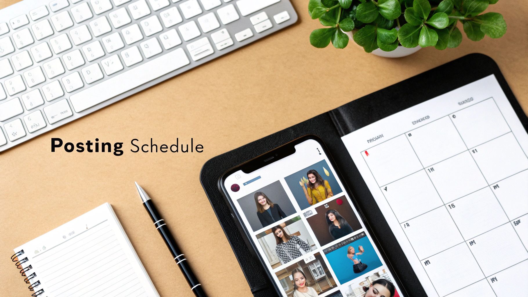 Desk flat lay showing a phone with social media posts, a calendar, keyboard, and 'Posting Schedule' text.