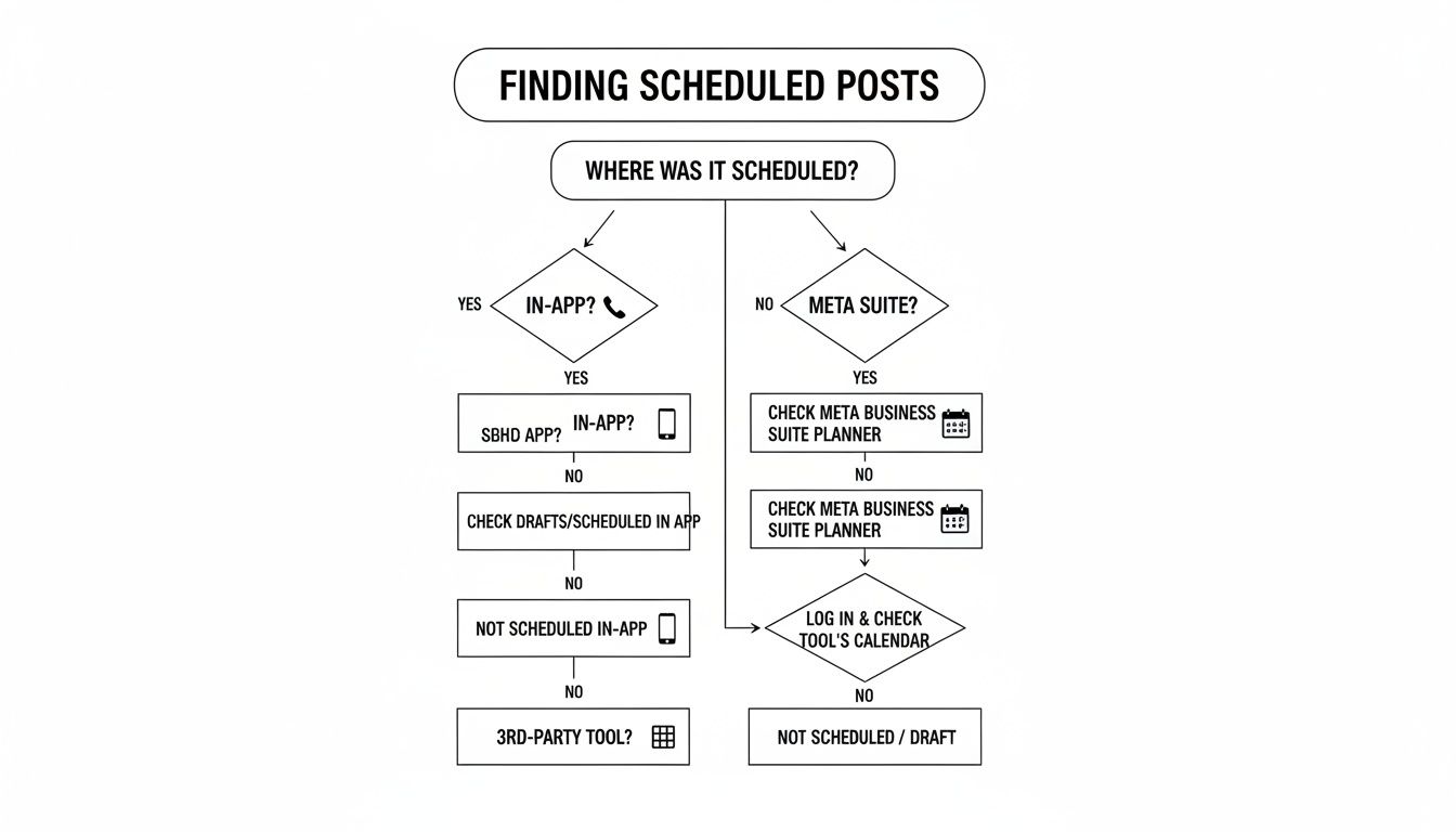 A flowchart guiding users on finding scheduled social media posts across various platforms and tools.
