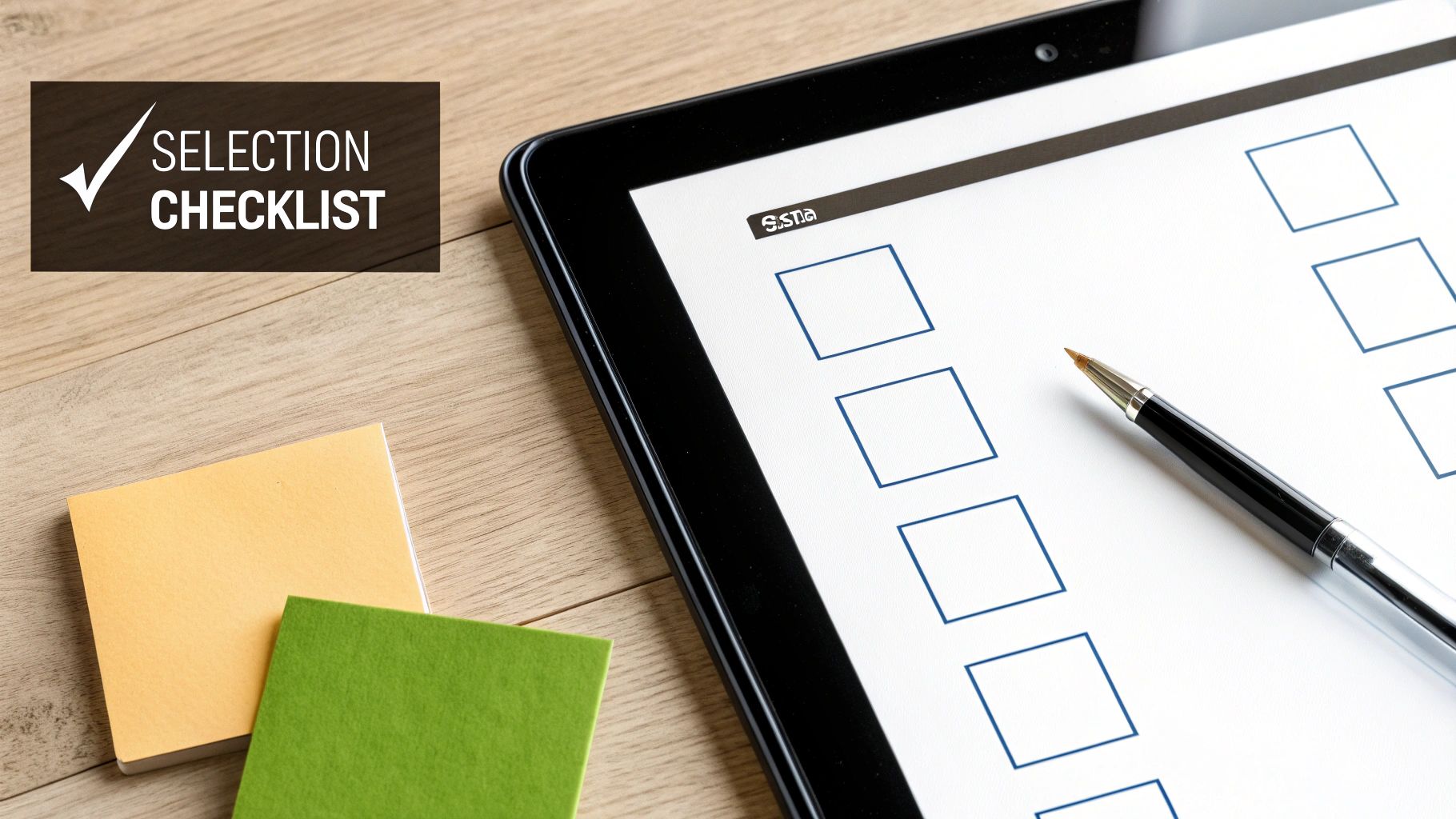 A tablet displays a selection checklist with empty boxes, next to a pen and sticky notes on a wooden desk.