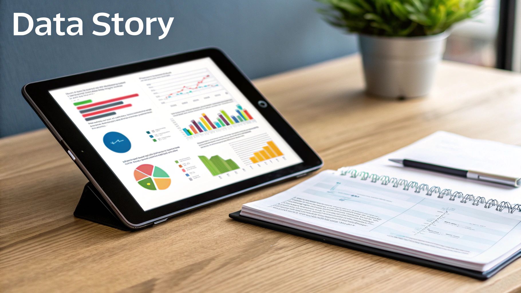 Digital tablet displaying business data visualizations, charts, and graphs next to a notebook.