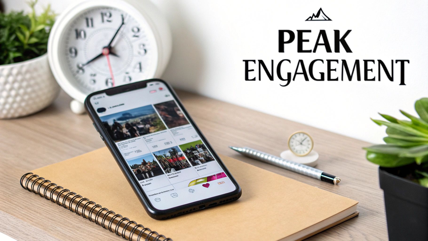 A smartphone displaying social media posts on a desk with clocks and a plant, text reads 'Peak Engagement'.