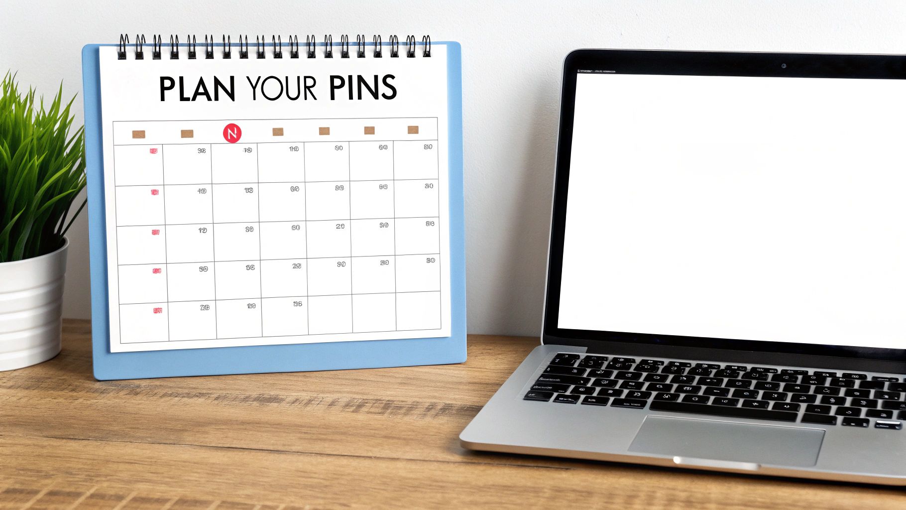 A calendar titled 'PLAN YOUR PINS' on a blue stand next to a silver laptop with a blank screen.