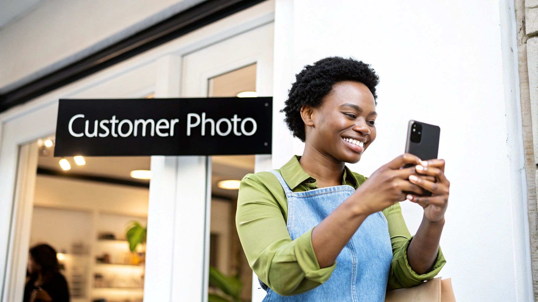Smiling Black woman holding a smartphone to take a customer photo outside her small business.