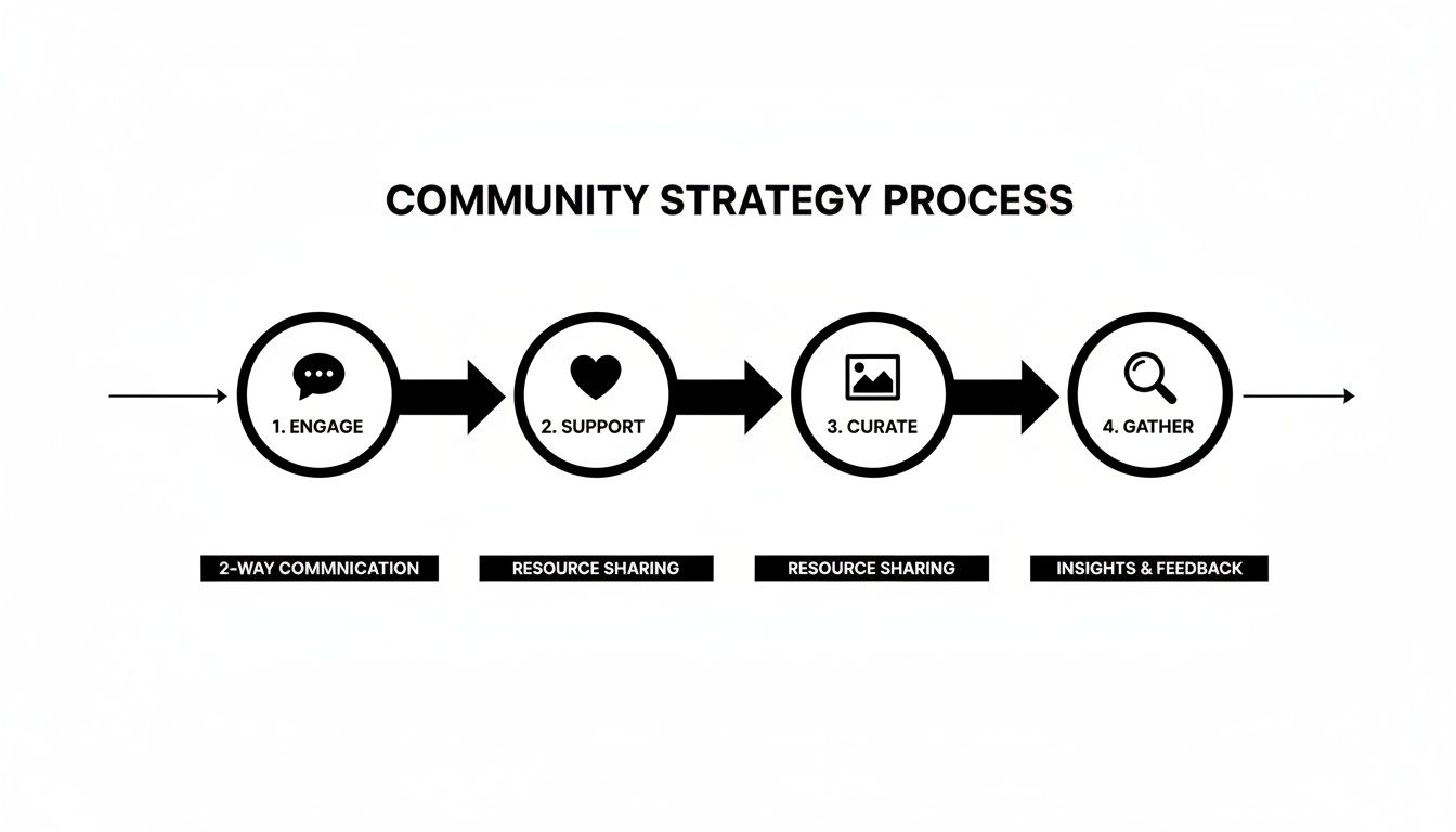 A flow chart illustrating a community strategy process with four steps: Engage, Support, Curate, and Gather.