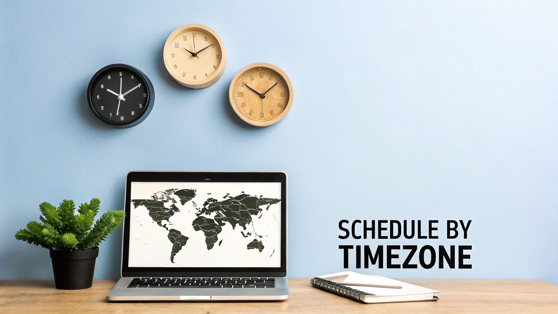 A workspace with a laptop displaying a world map, three clocks, and 'SCHEDULE BY TIMEZONE' text on a blue wall.