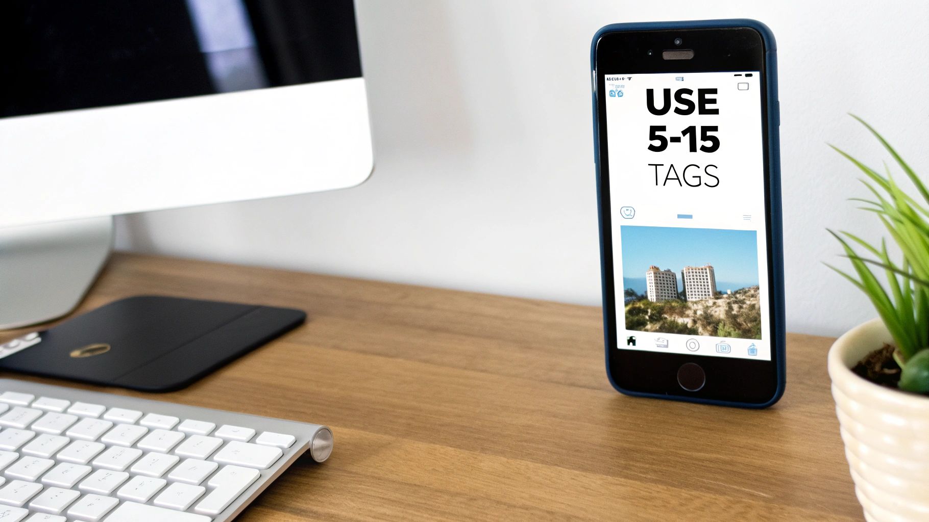 A smartphone displaying 'USE 5-15 TAGS' and buildings, on a wooden desk with a computer and plant.