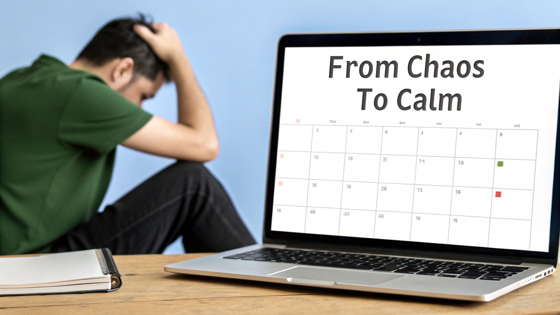 A distressed person sitting next to a laptop displaying a calendar titled 'From Chaos To Calm'.
