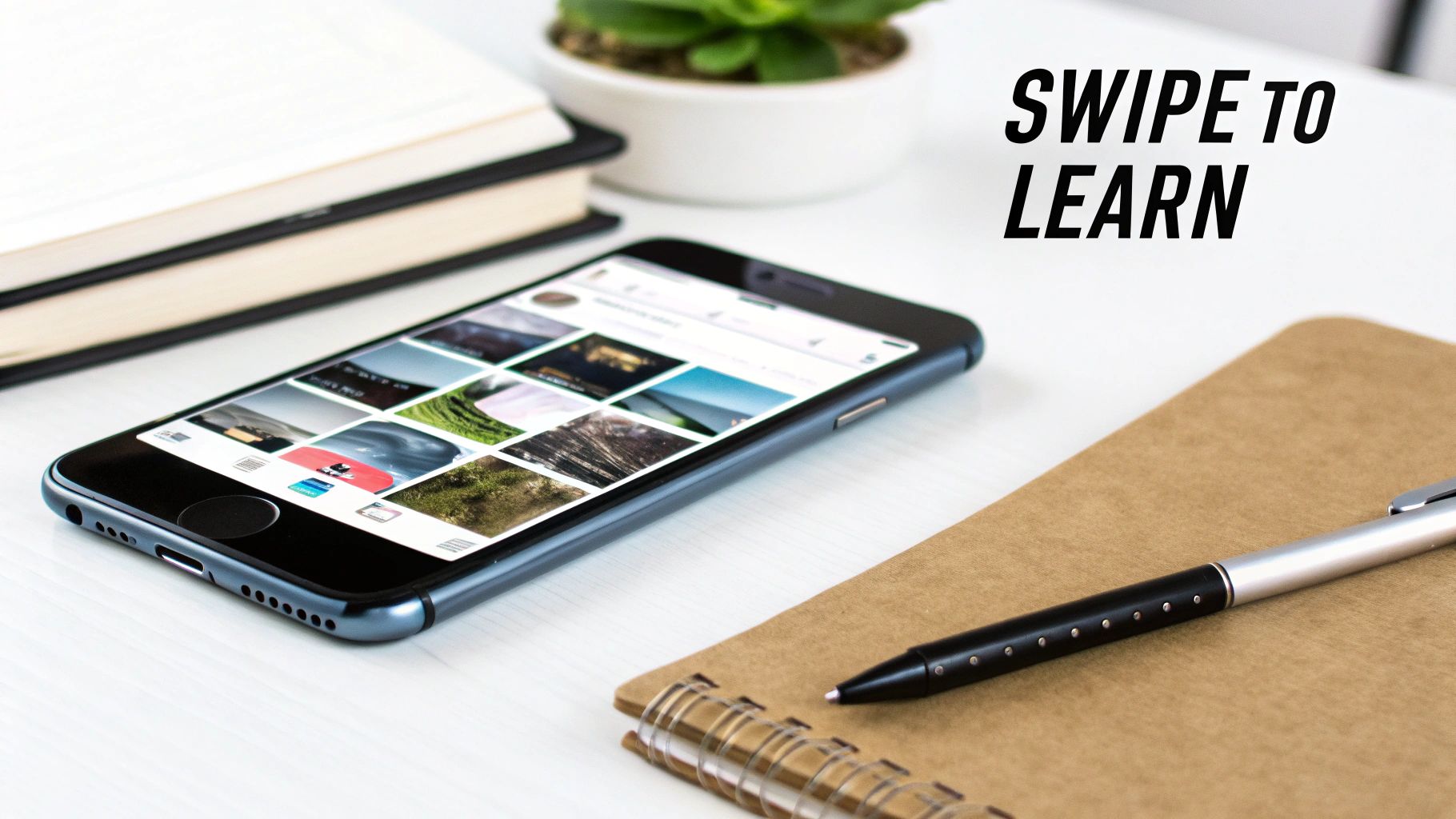 A smartphone on a white desk displays a social media photo gallery, next to books and a pen.
