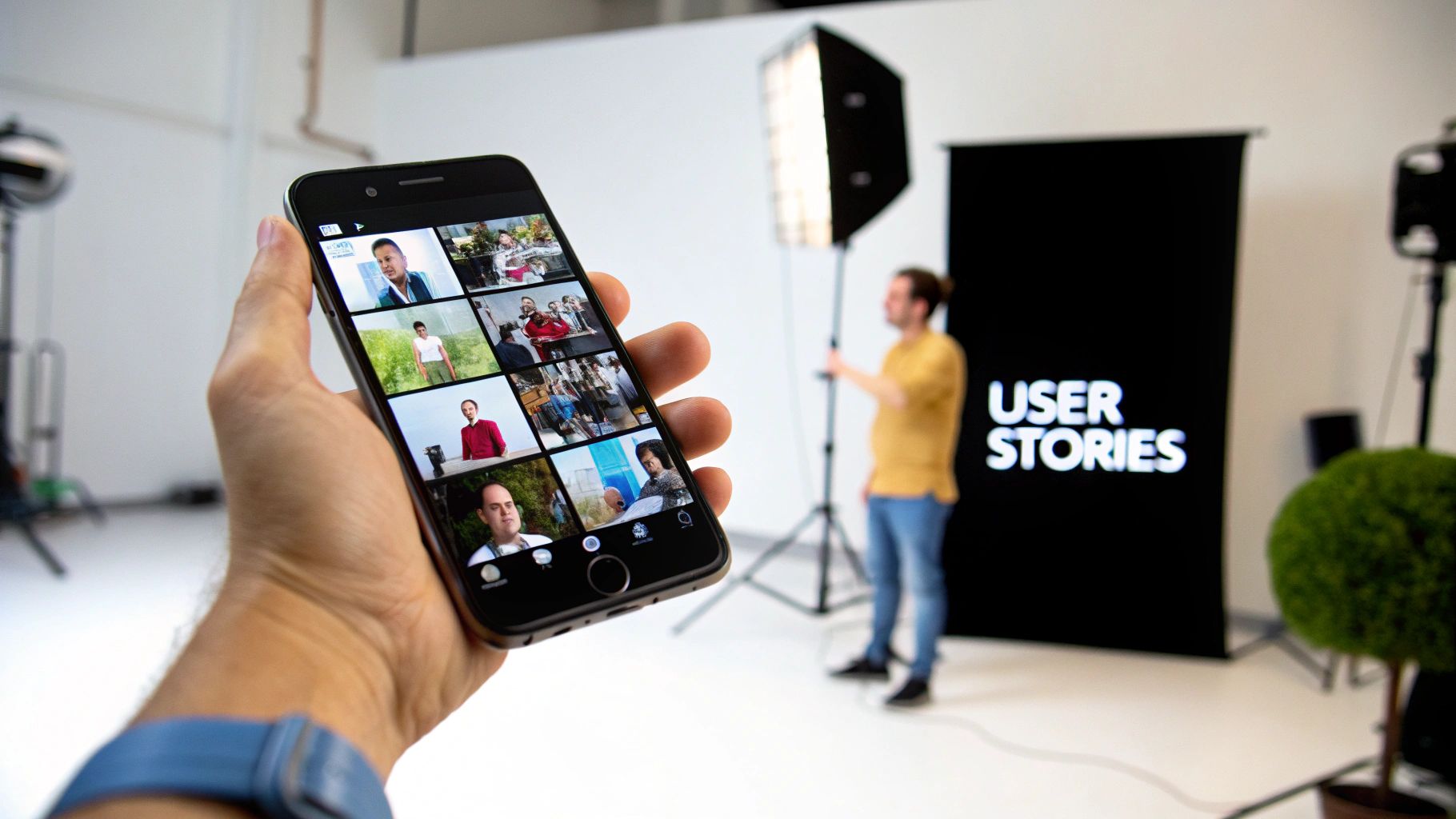 A hand holds a smartphone displaying various user story videos in a studio with a 'USER STORIES' backdrop.