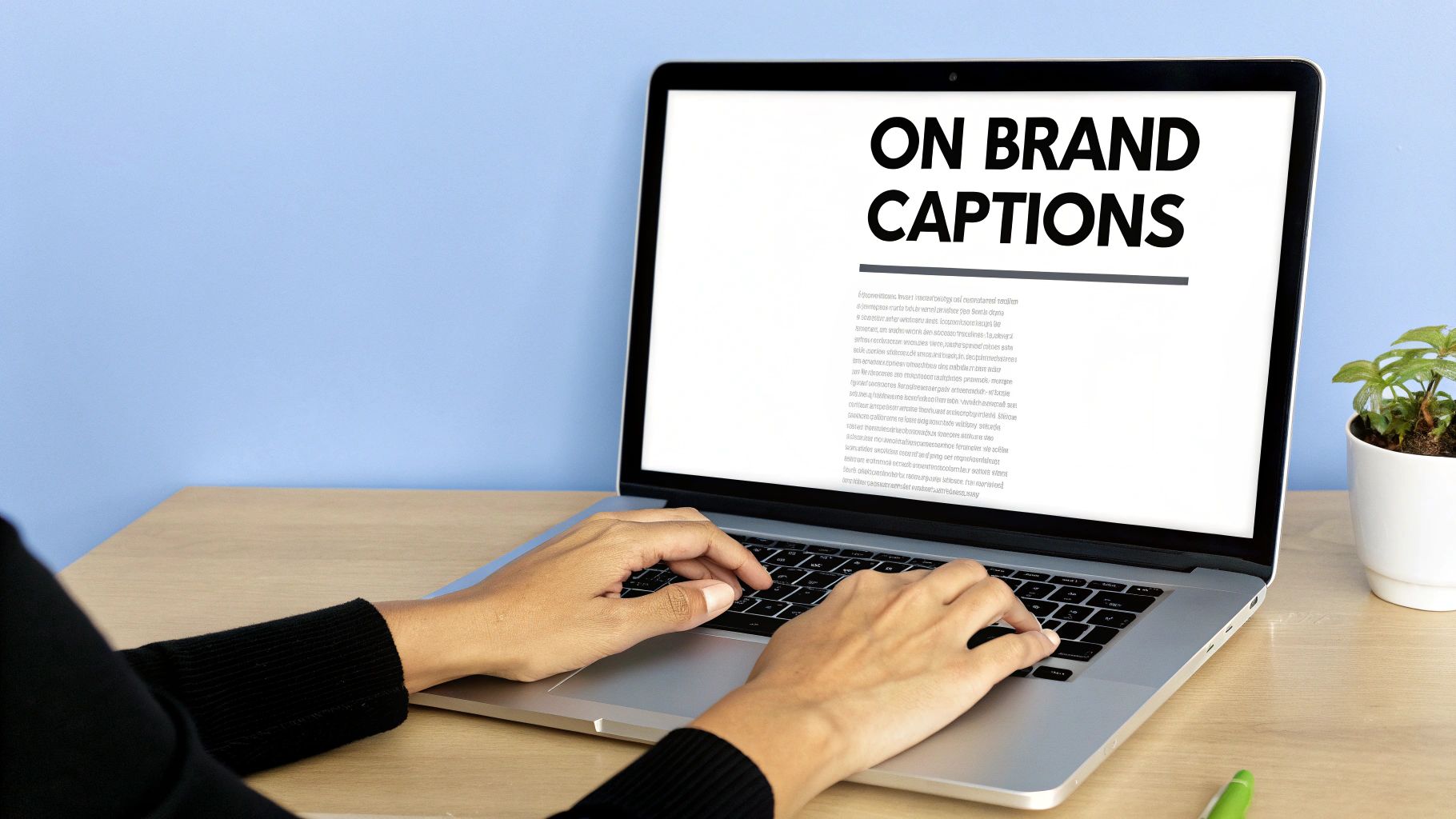 A person's hands type on a silver laptop displaying 'ON BRAND CAPTIONS' and text on a wooden desk.