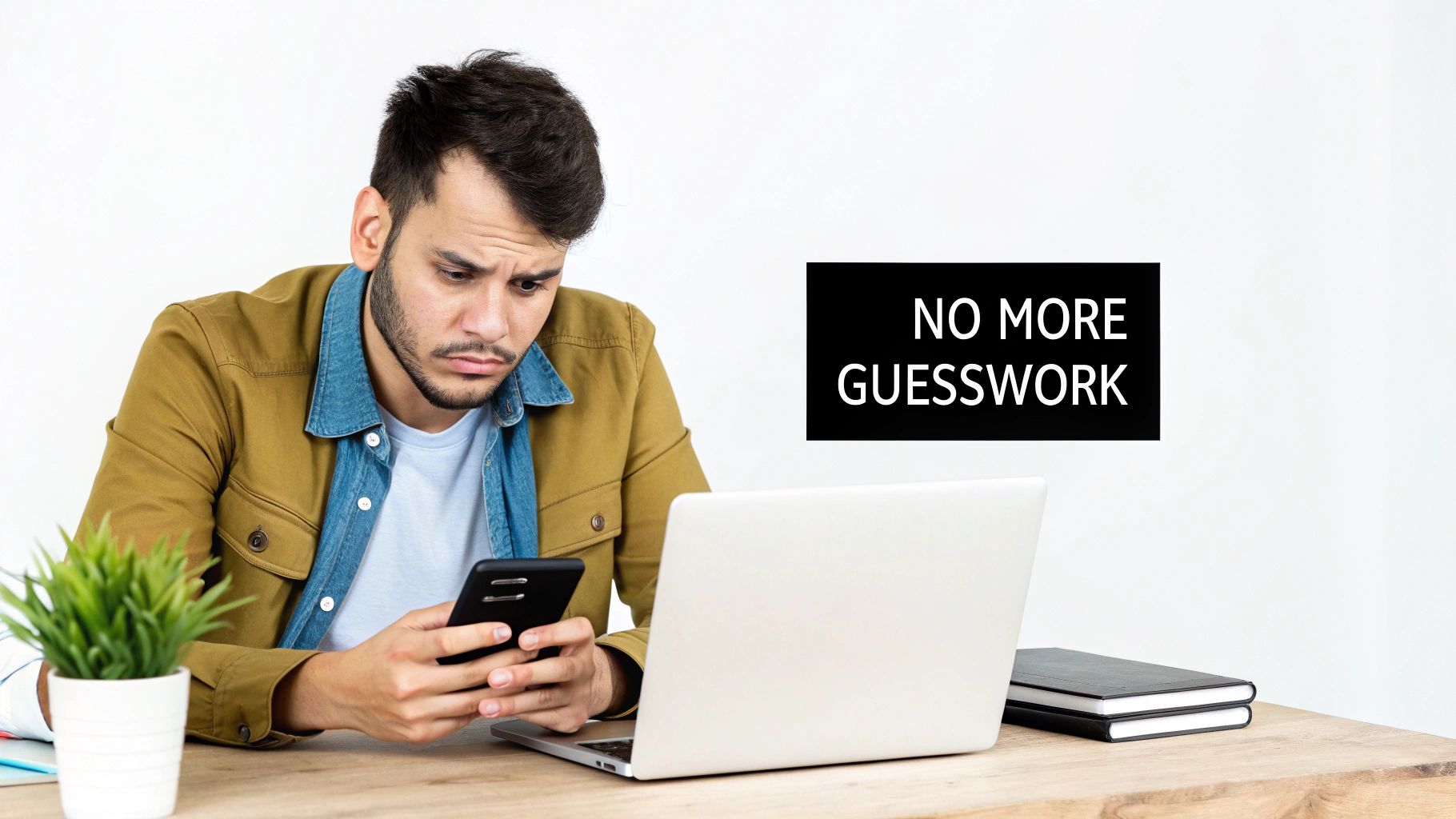 A confused man checks his phone at a desk with a laptop, next to a 'NO MORE GUESSWORK' sign.