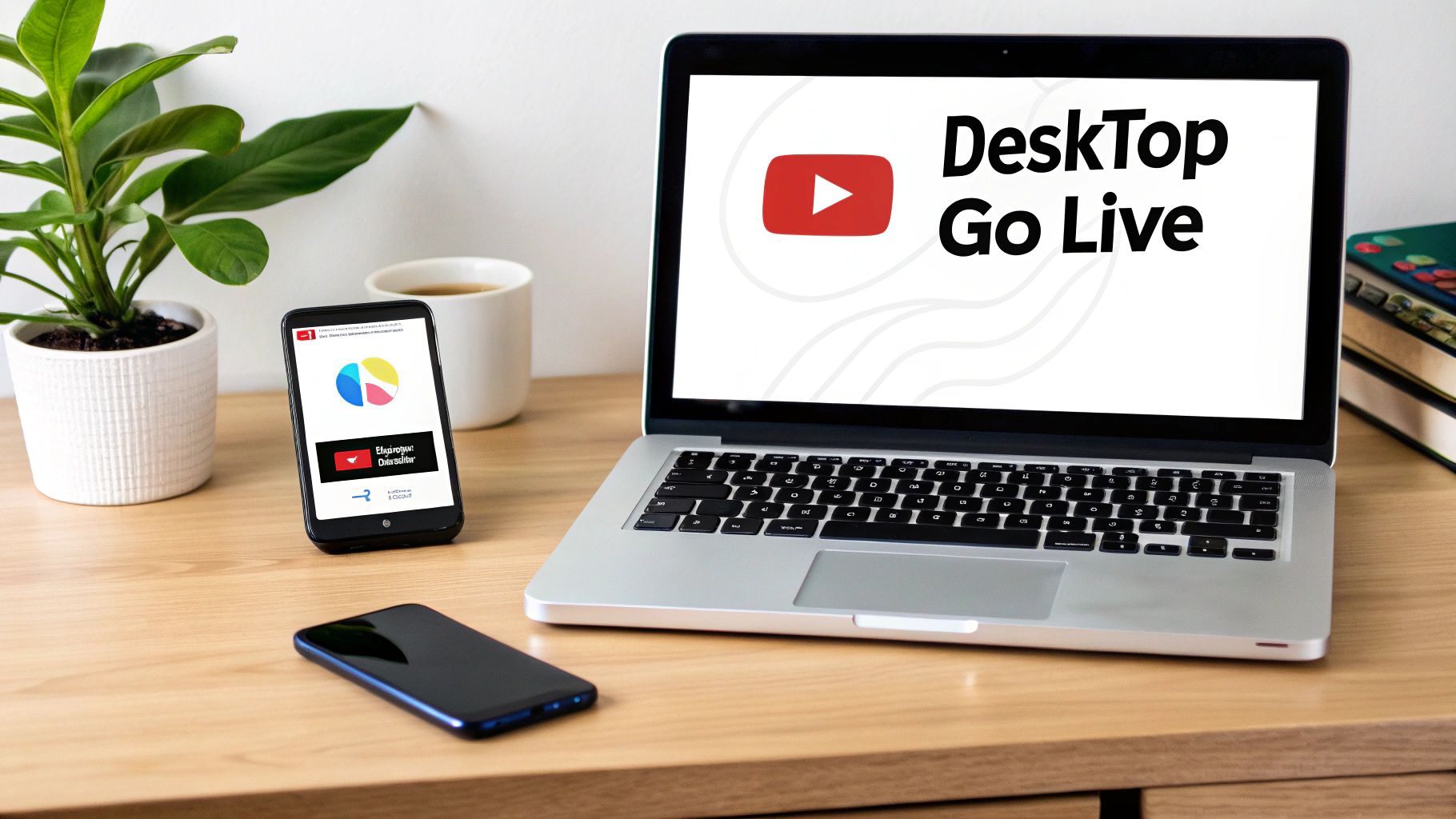 A laptop displaying 'DeskTop Go Live' with a YouTube logo, alongside smartphones and a plant on a wooden desk.
