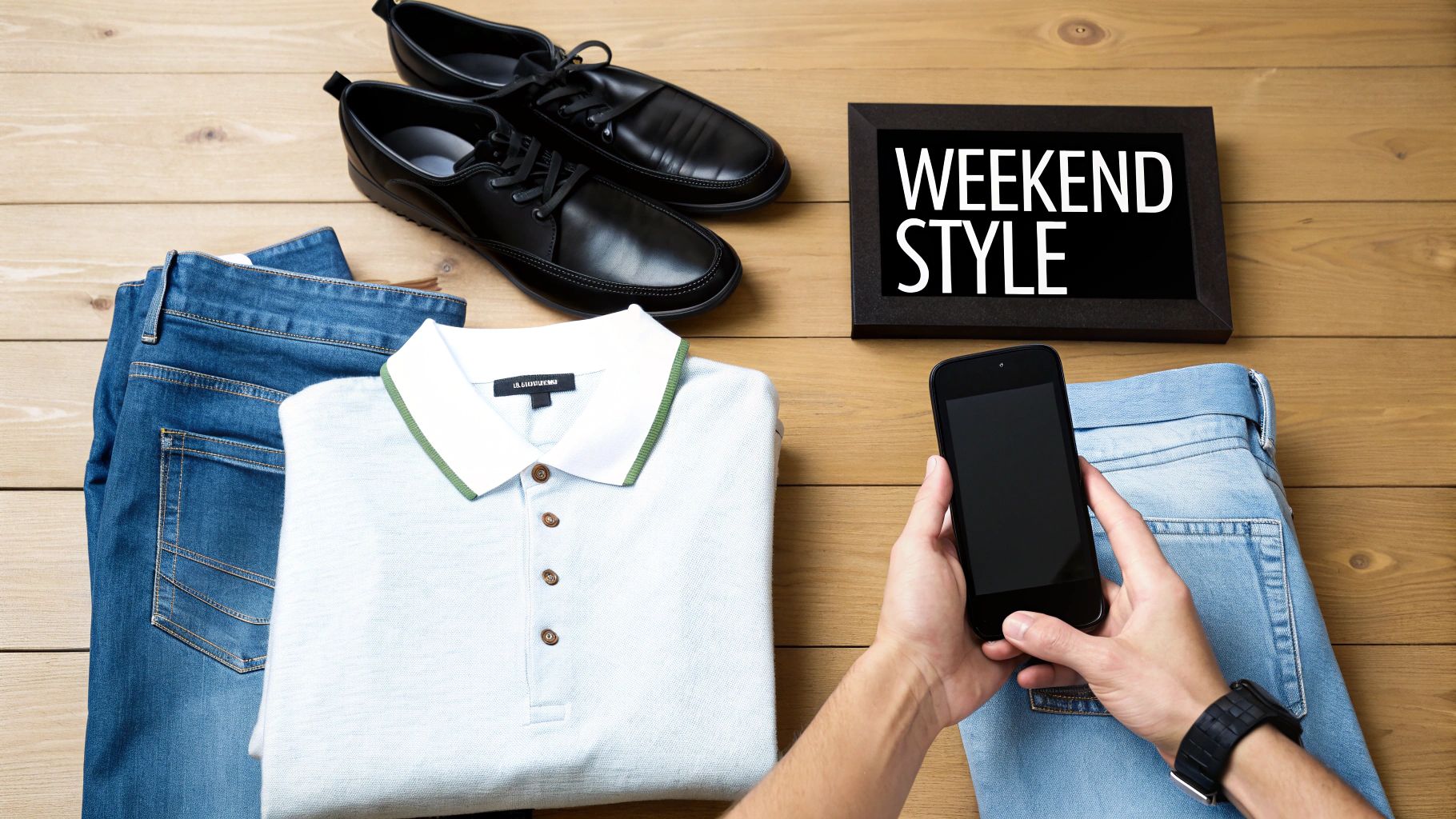 A flat lay of men's weekend style essentials: jeans, polo shirt, black shoes, and a smartphone.