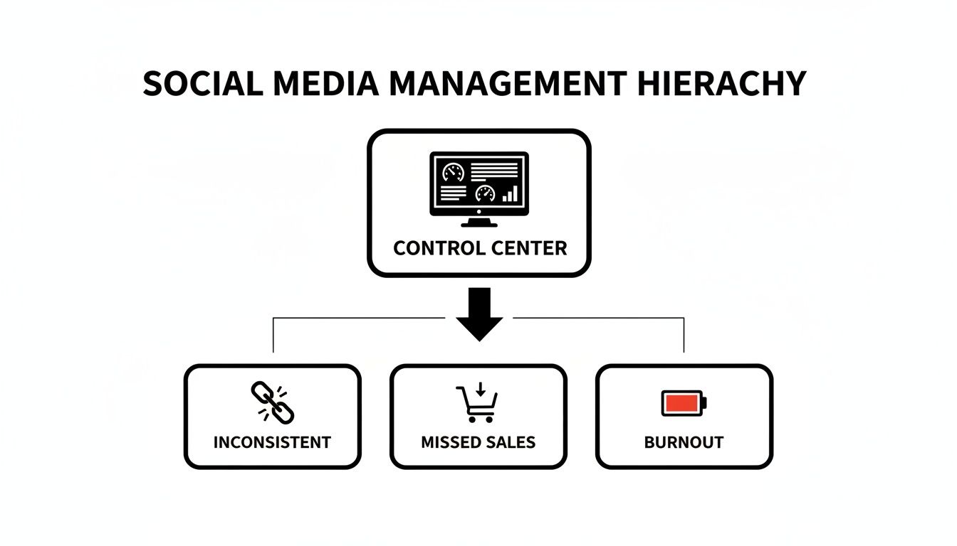 Social media management diagram illustrating challenges from a central control point: inconsistency, missed sales, burnout.