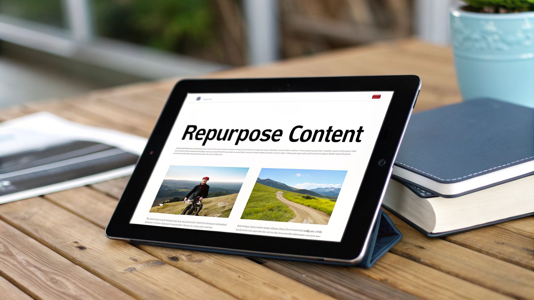 A digital tablet on a wooden desk displays a webpage with the title 'Repurpose Content' and two nature photos.
