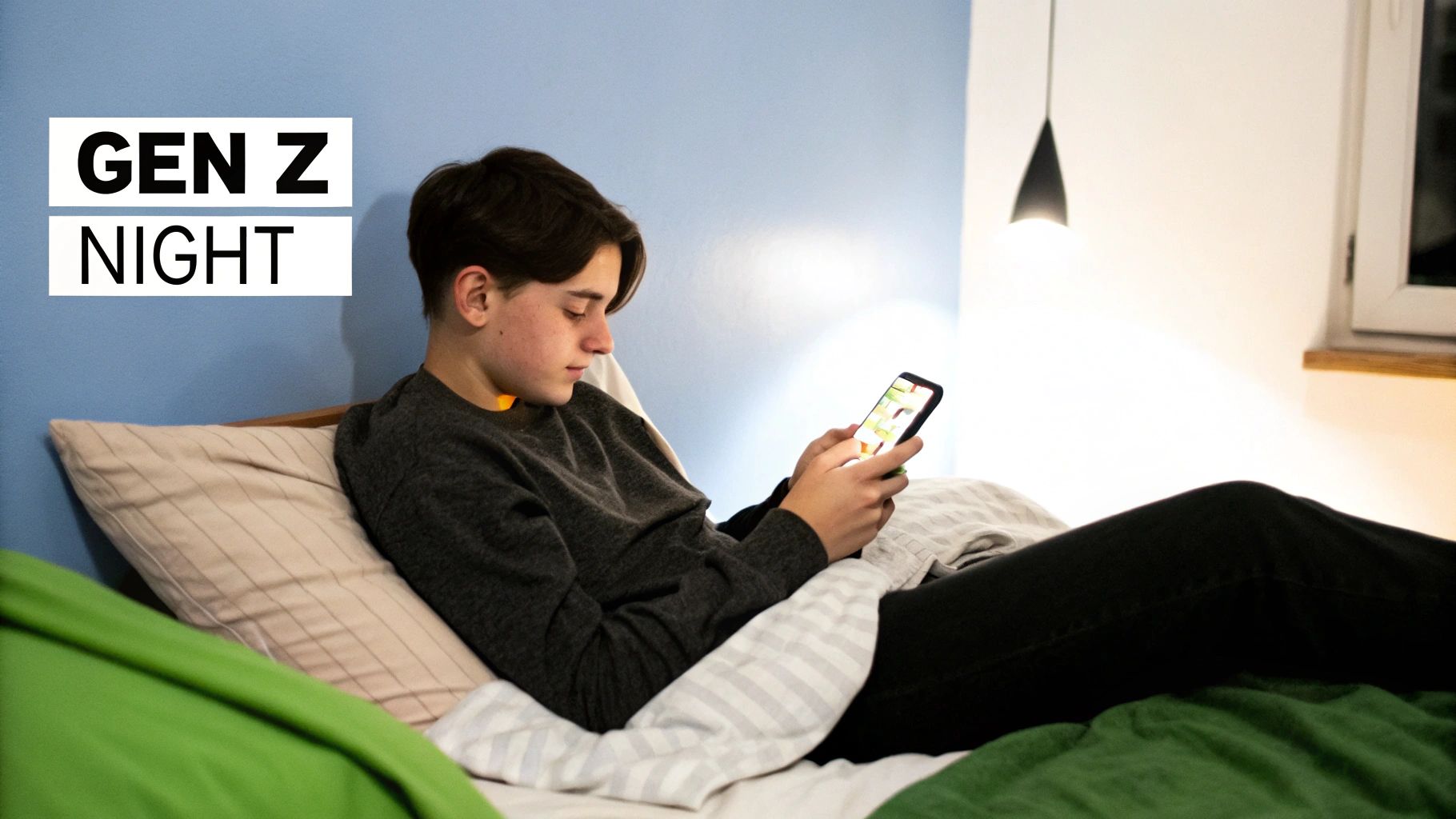 A Gen Z individual lies in bed at night, looking at their smartphone, bathed in screen light.